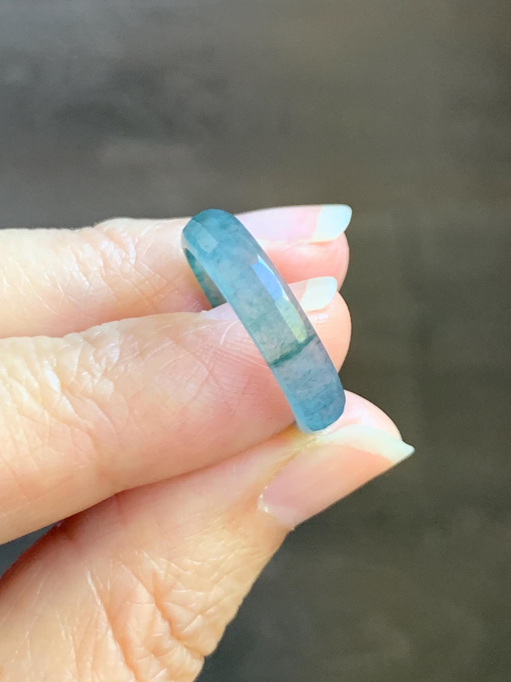 Natural Grade A Guatemalan Icy Highly Translucent Teal Blue Green Marbled Jade Jadeite Faceted Band Ring Size 6.5 US 天然冰危蓝飘花翡翠切割面戒圈 WLQ220C
