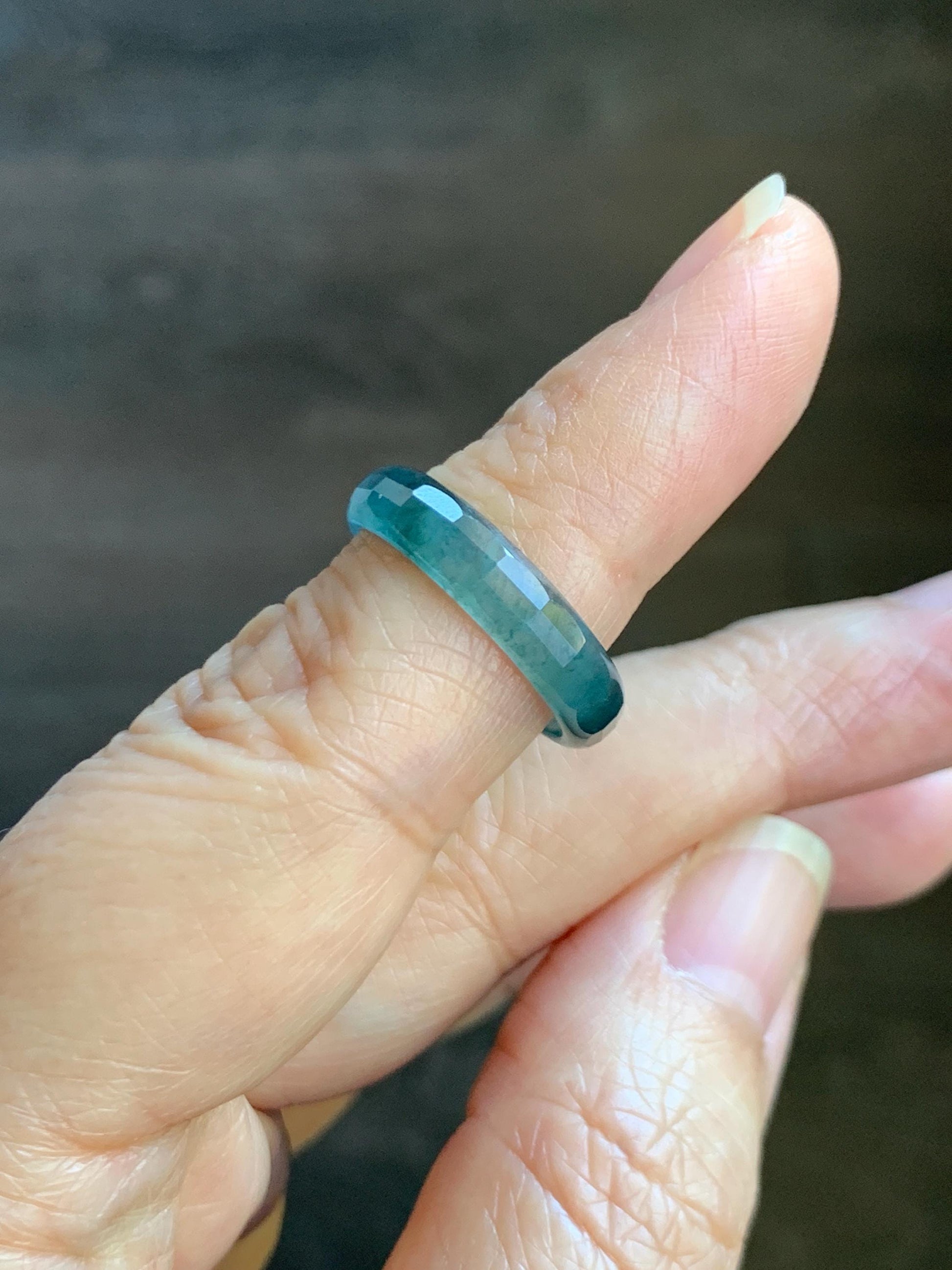 Natural Grade A Guatemalan Icy Highly Translucent Teal Blue Green Marbled Jade Jadeite Faceted Band Ring Size 6.5 US 天然冰危蓝飘花翡翠切割面戒圈 WLQ220C