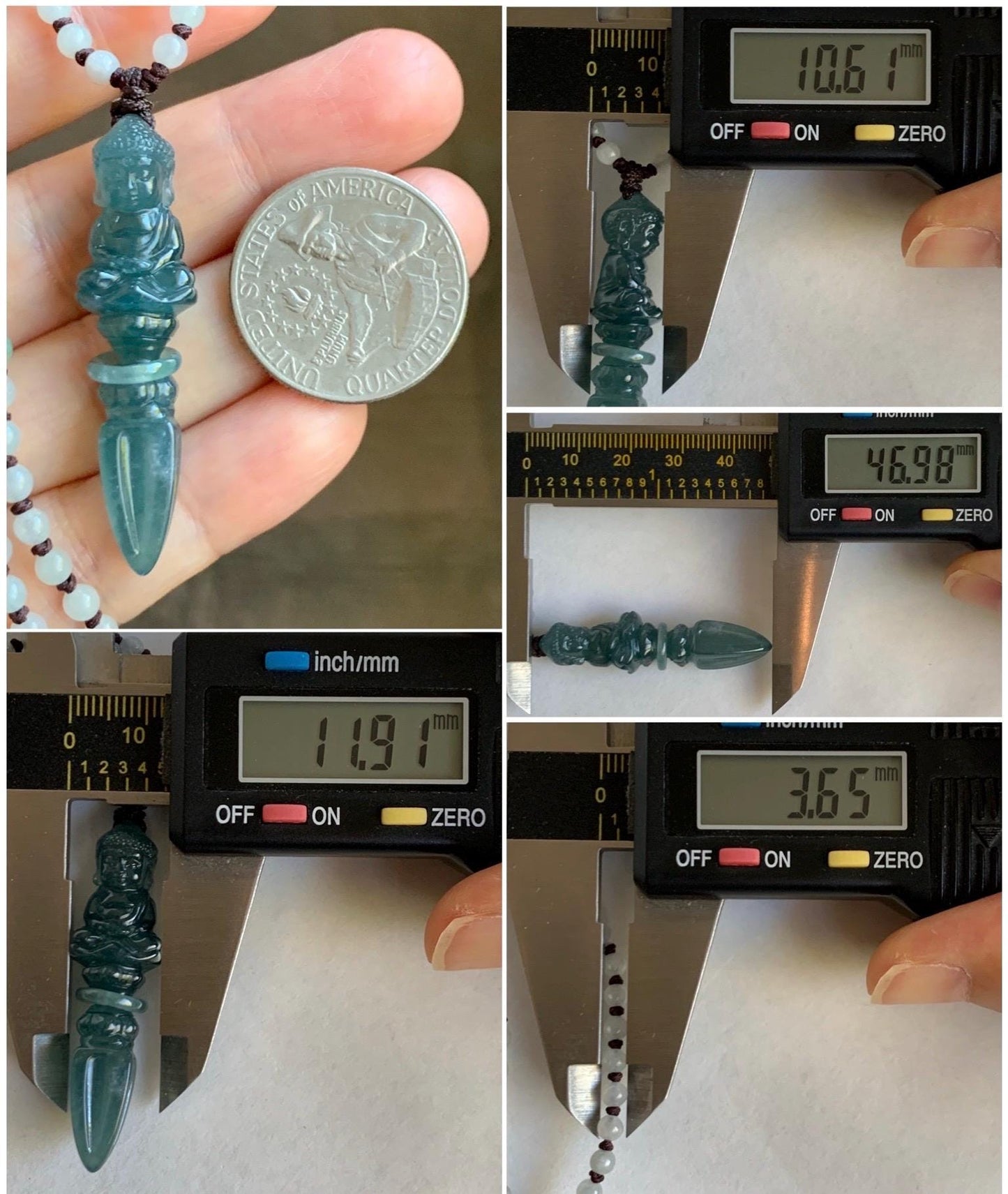 Natural Grade A Guatemalan Icy Translucent Aegean Blue Jade Jadeite Carved Vajra Pendant Beaded Necklace 24.5” 天然冰危蓝翡翠降魔杵吊坠珠链项链 XMC354A