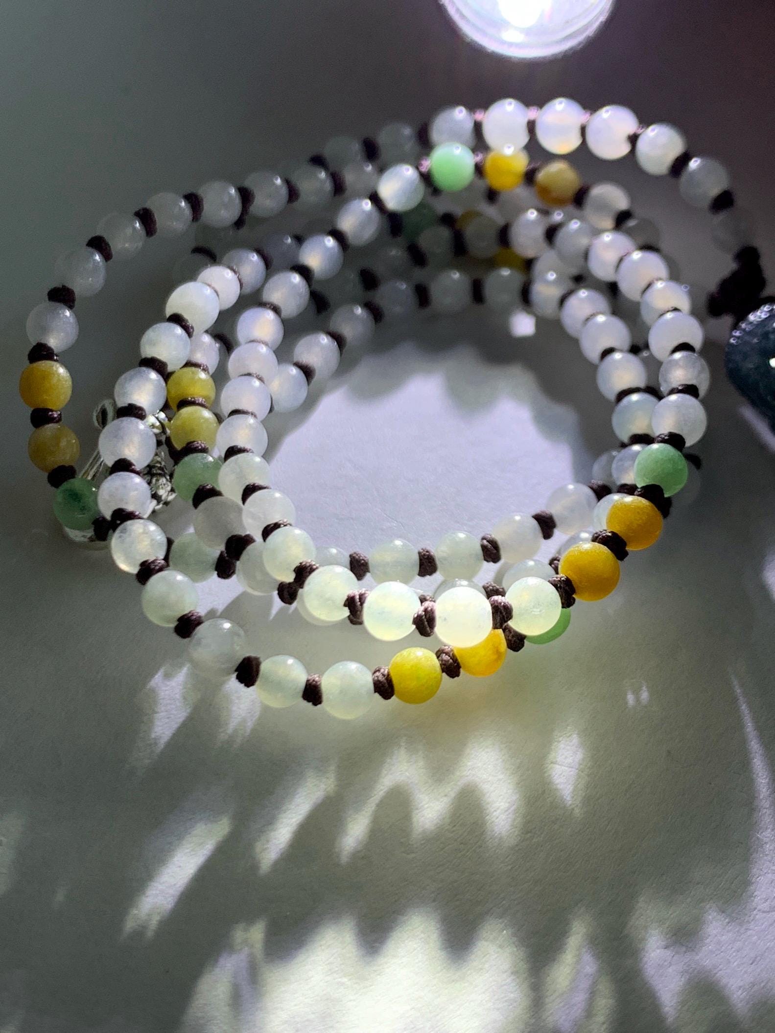 Natural Grade A Guatemalan Icy Translucent Aegean Blue Jade Jadeite Carved Vajra Pendant Beaded Necklace 24.5” 天然冰危蓝翡翠降魔杵吊坠珠链项链 XMC354A