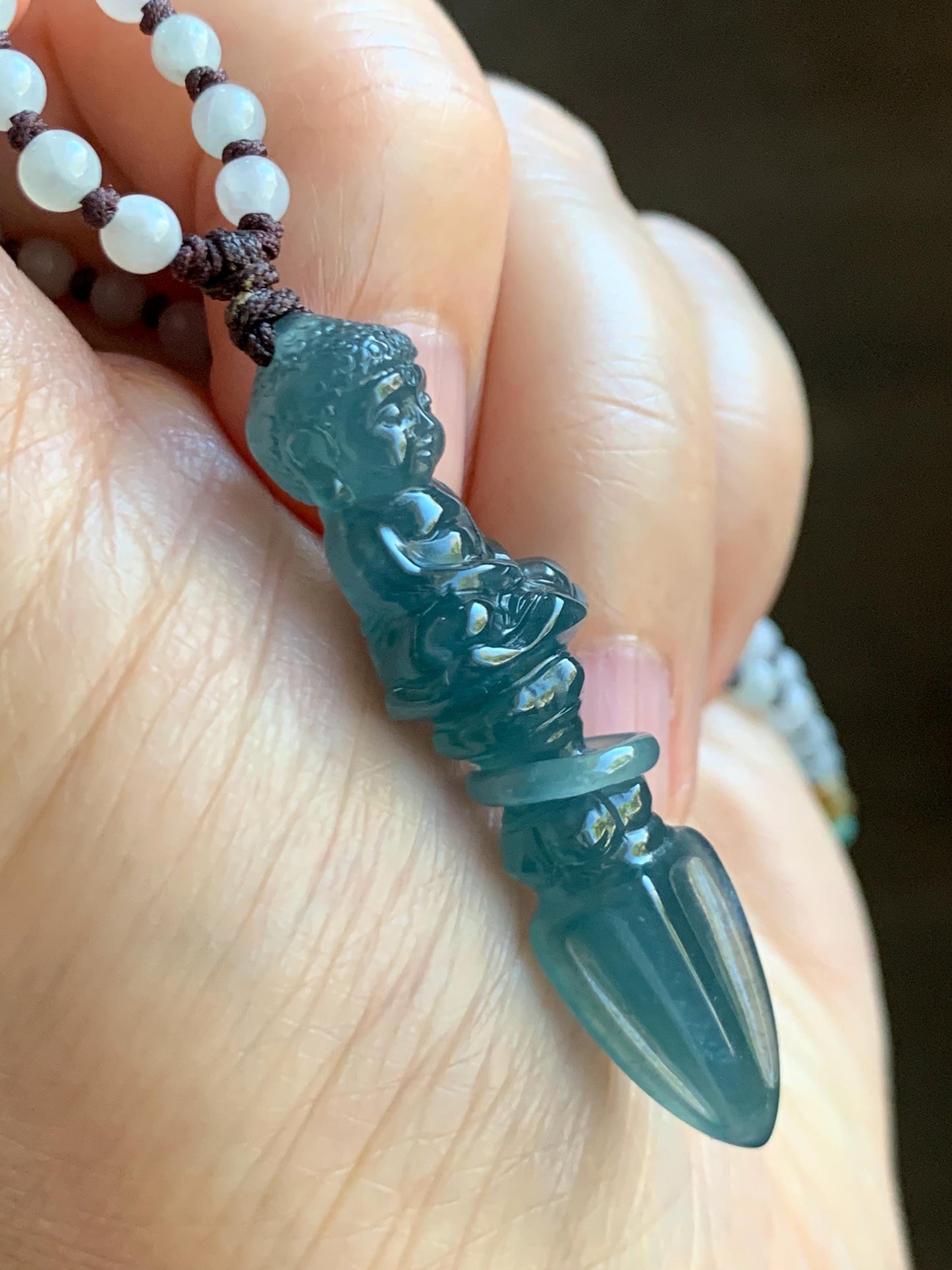 Natural Grade A Guatemalan Icy Translucent Aegean Blue Jade Jadeite Carved Vajra Pendant Beaded Necklace 24.5” 天然冰危蓝翡翠降魔杵吊坠珠链项链 XMC354A