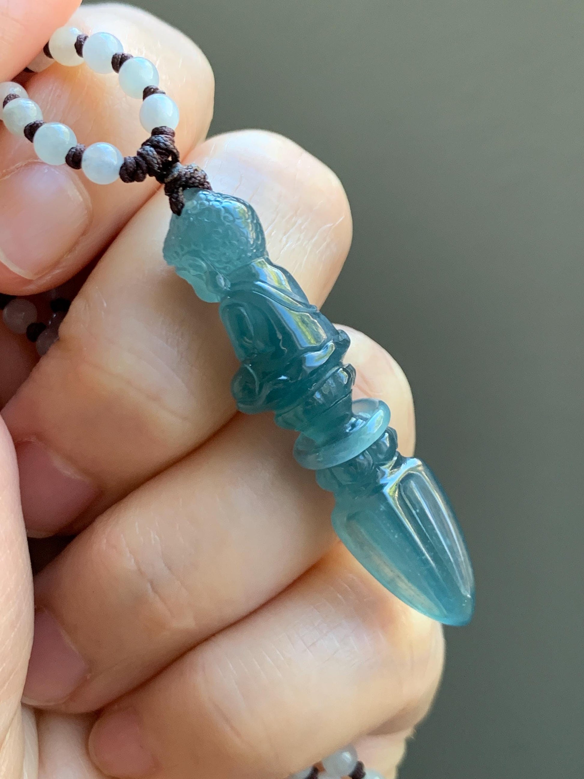 Natural Grade A Guatemalan Icy Translucent Aegean Blue Jade Jadeite Carved Vajra Pendant Beaded Necklace 24.5” 天然冰危蓝翡翠降魔杵吊坠珠链项链 XMC354A