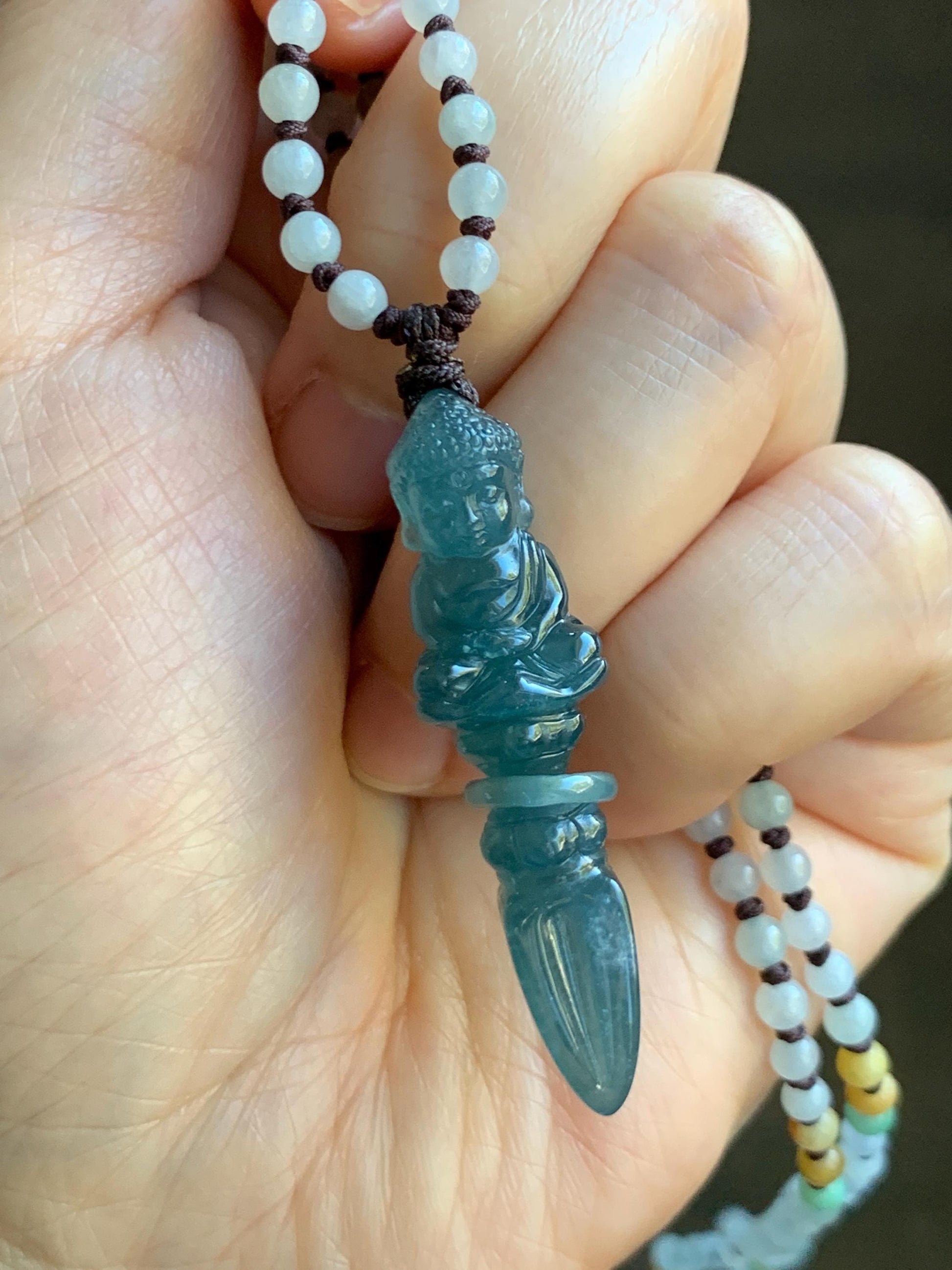 Natural Grade A Guatemalan Icy Translucent Aegean Blue Jade Jadeite Carved Vajra Pendant Beaded Necklace 24.5” 天然冰危蓝翡翠降魔杵吊坠珠链项链 XMC354A