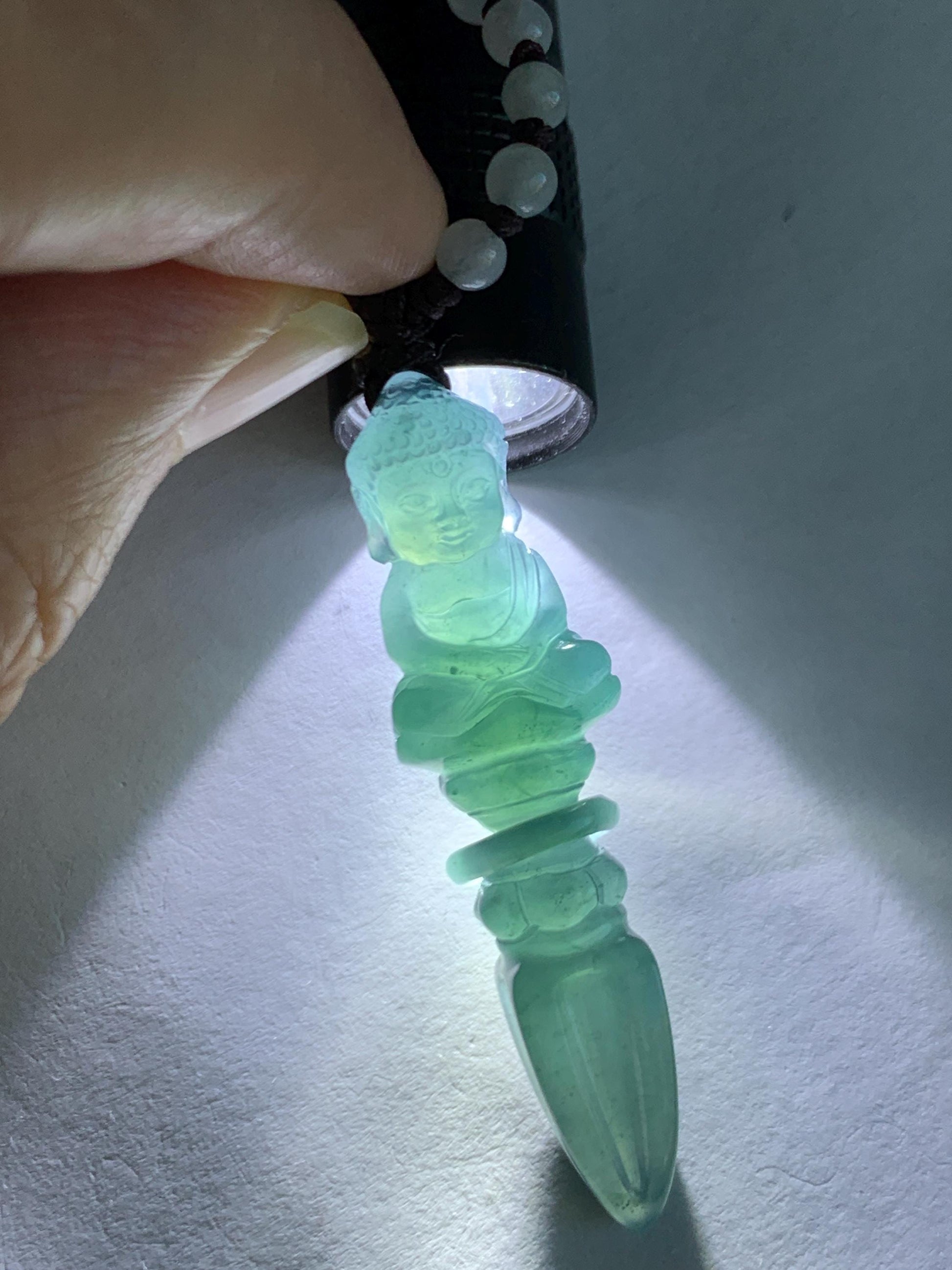 Natural Grade A Guatemalan Icy Translucent Aegean Blue Jade Jadeite Carved Vajra Pendant Beaded Necklace 24.5” 天然冰危蓝翡翠降魔杵吊坠珠链项链 XMC354A