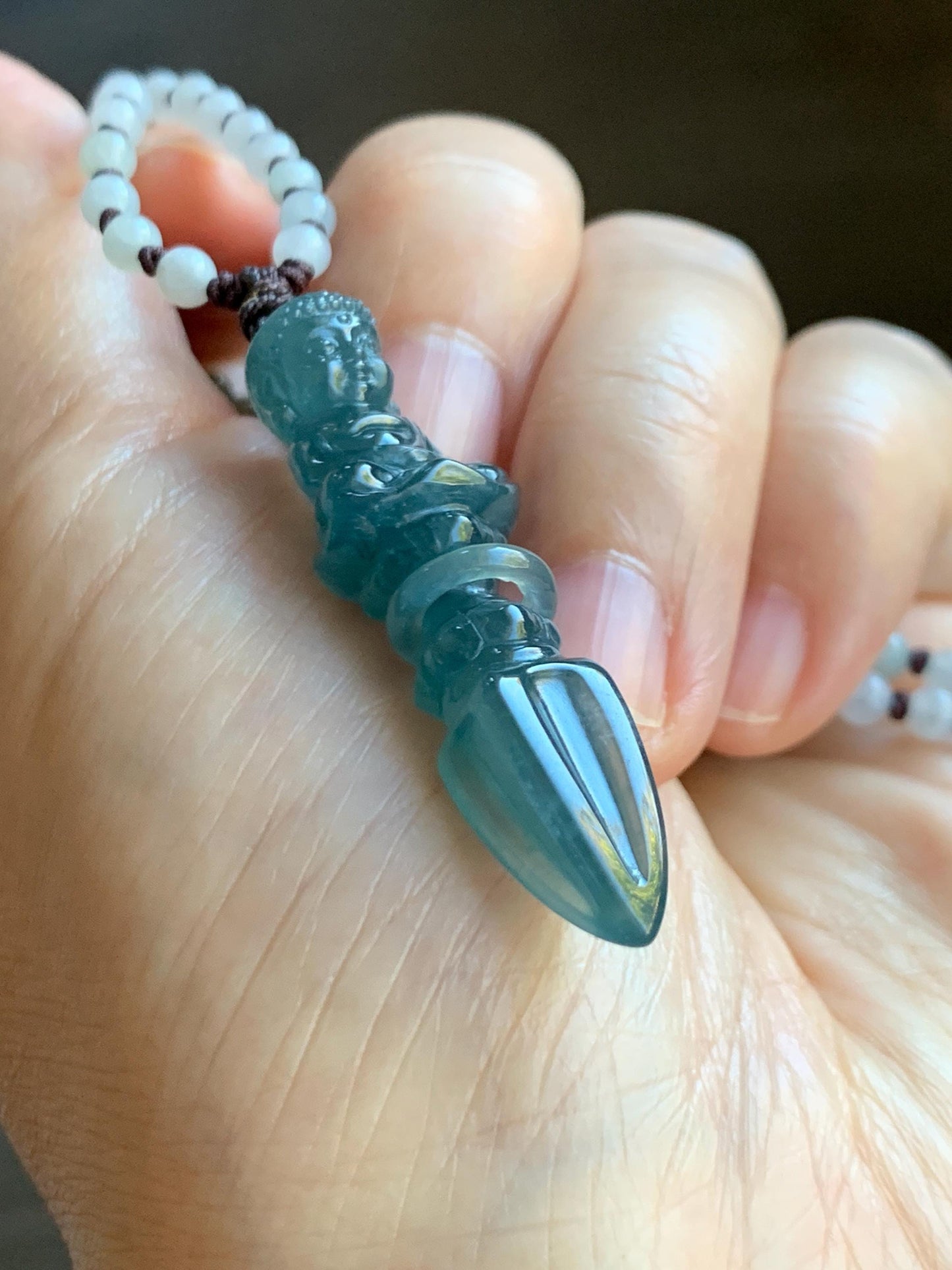 Natural Grade A Guatemalan Icy Translucent Aegean Blue Jade Jadeite Carved Vajra Pendant Beaded Necklace 24.5” 天然冰危蓝翡翠降魔杵吊坠珠链项链 XMC354A