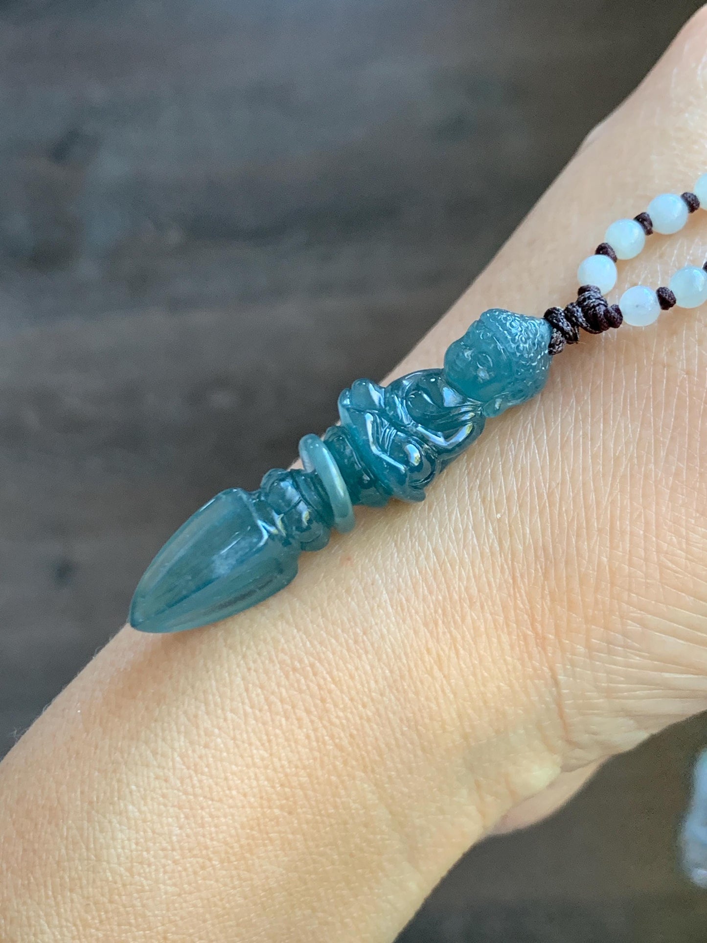 Natural Grade A Guatemalan Icy Translucent Aegean Blue Jade Jadeite Carved Vajra Pendant Beaded Necklace 24.5” 天然冰危蓝翡翠降魔杵吊坠珠链项链 XMC354A