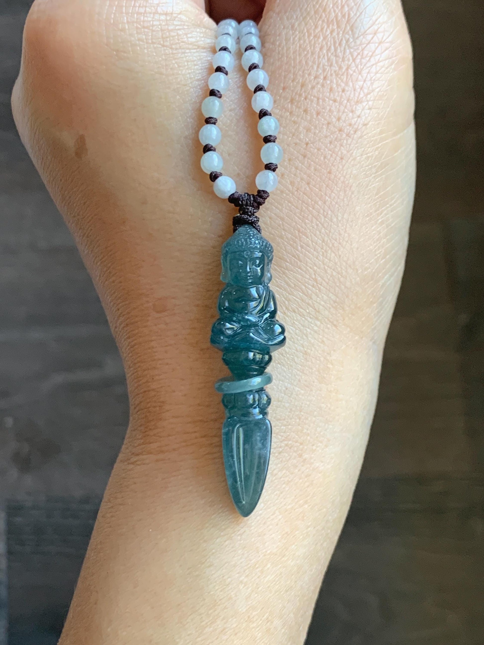Natural Grade A Guatemalan Icy Translucent Aegean Blue Jade Jadeite Carved Vajra Pendant Beaded Necklace 24.5” 天然冰危蓝翡翠降魔杵吊坠珠链项链 XMC354A