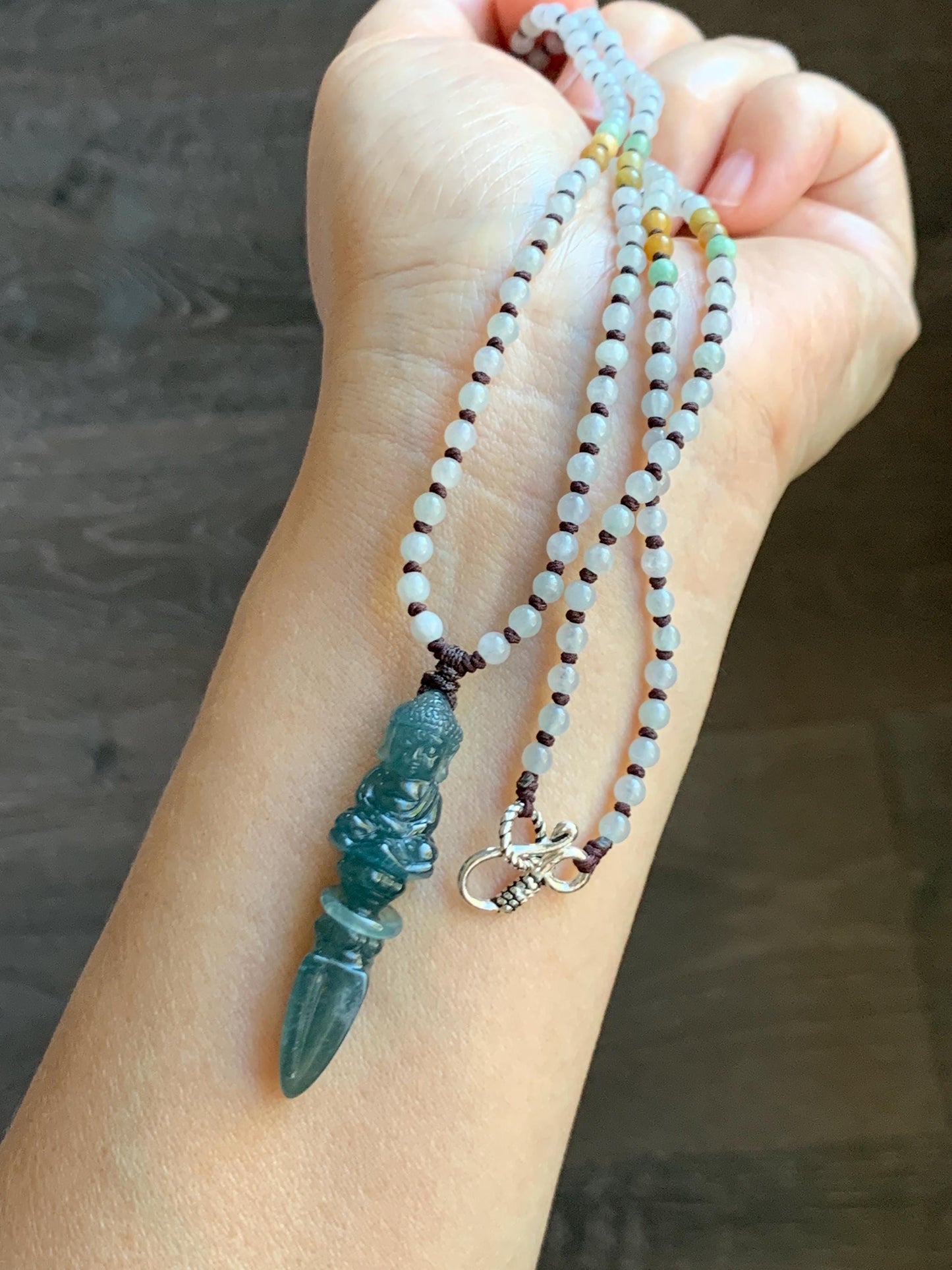 Natural Grade A Guatemalan Icy Translucent Aegean Blue Jade Jadeite Carved Vajra Pendant Beaded Necklace 24.5” 天然冰危蓝翡翠降魔杵吊坠珠链项链 XMC354A