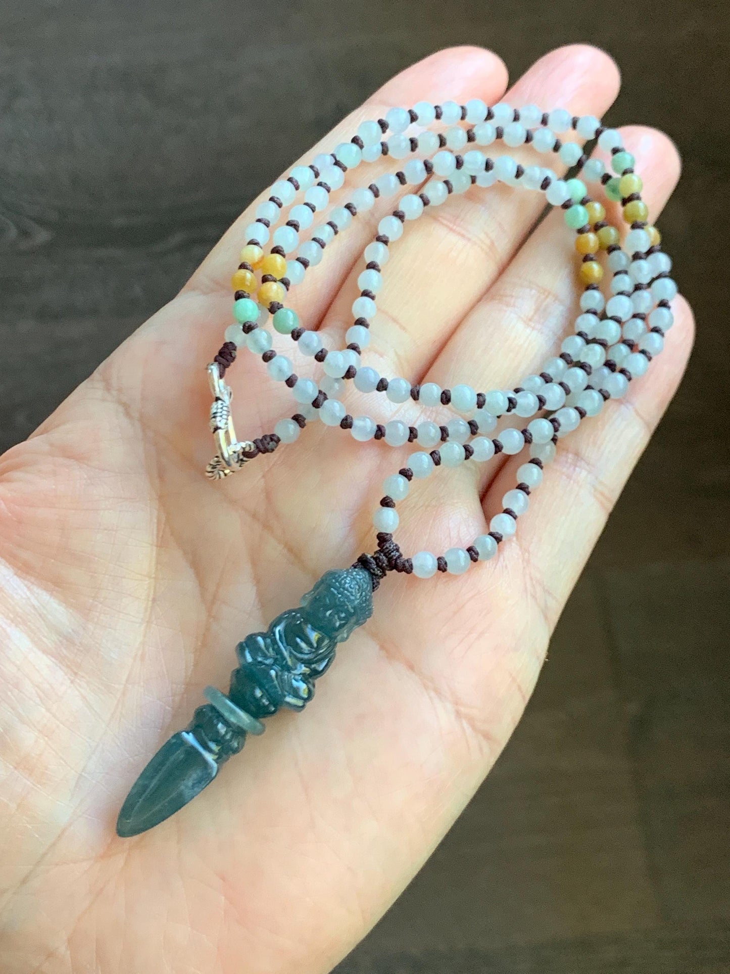 Natural Grade A Guatemalan Icy Translucent Aegean Blue Jade Jadeite Carved Vajra Pendant Beaded Necklace 24.5” 天然冰危蓝翡翠降魔杵吊坠珠链项链 XMC354A