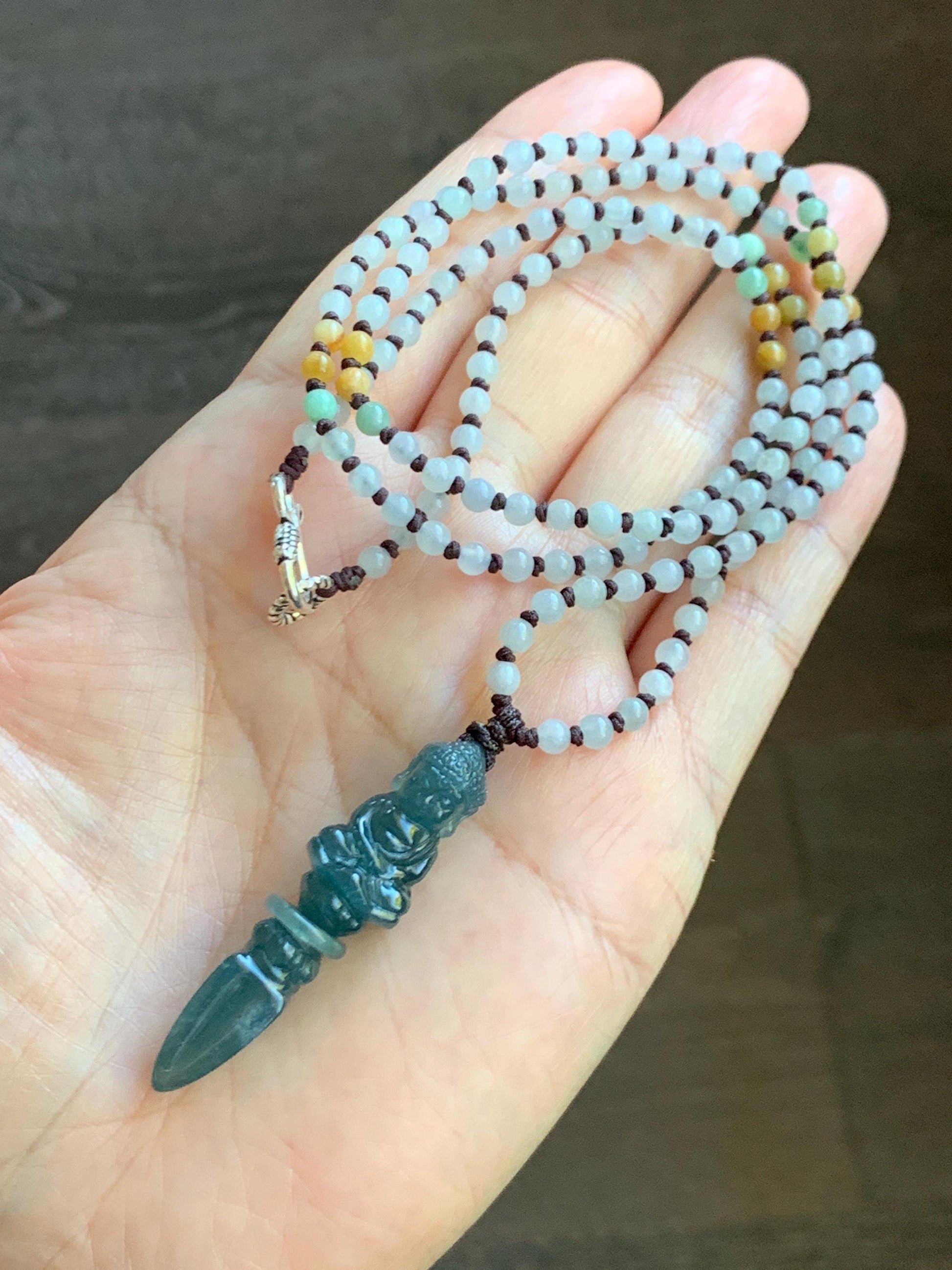 Natural Grade A Guatemalan Icy Translucent Aegean Blue Jade Jadeite Carved Vajra Pendant Beaded Necklace 24.5” 天然冰危蓝翡翠降魔杵吊坠珠链项链 XMC354A