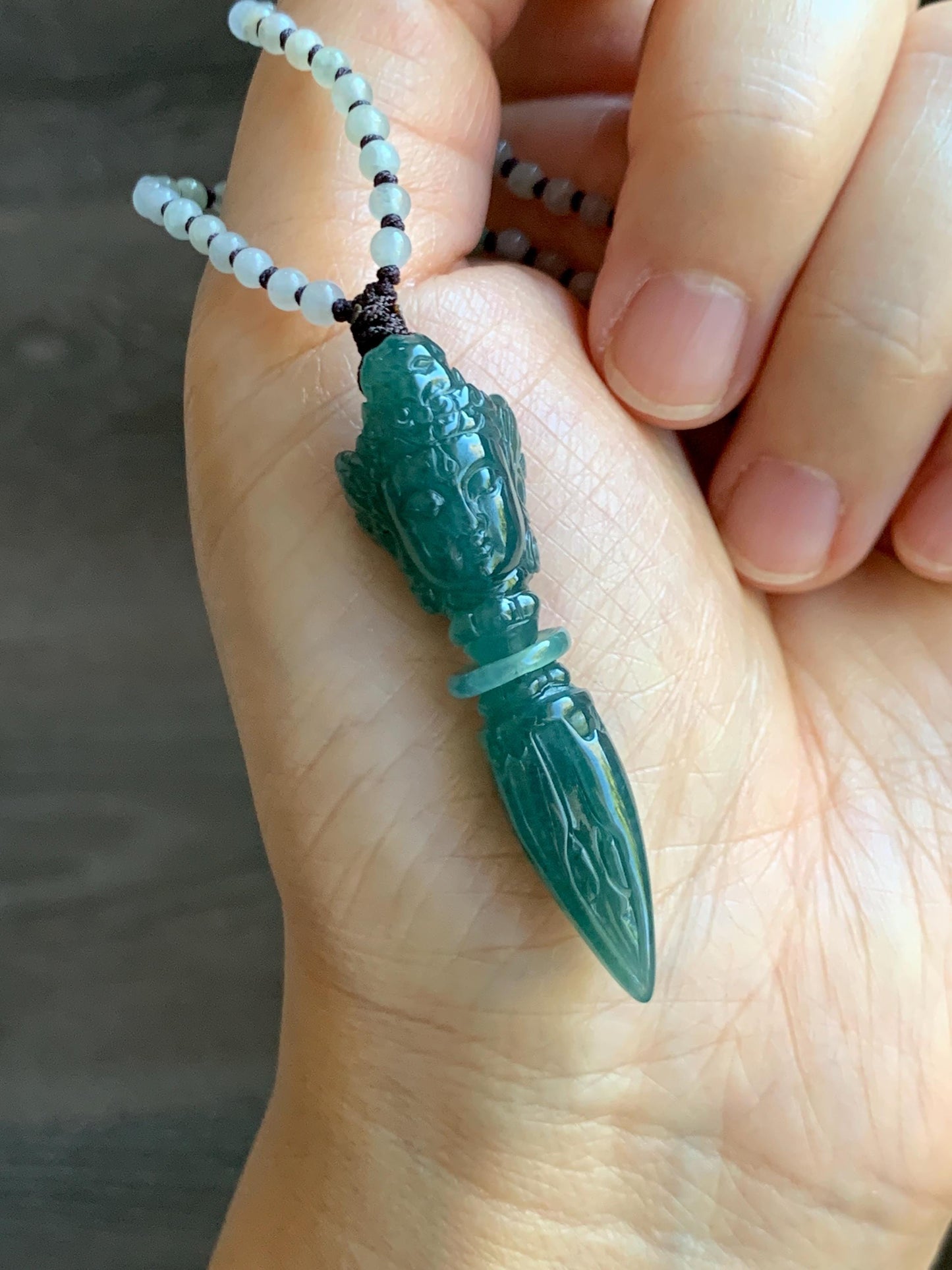 Natural Grade A Guatemalan Icy Translucent Dark Teal Blue Jade Jadeite Carved Vajra Pendant Beaded Necklace 21” 天然冰危蓝绿翡翠降魔杵吊坠珠链项链 XMC354B