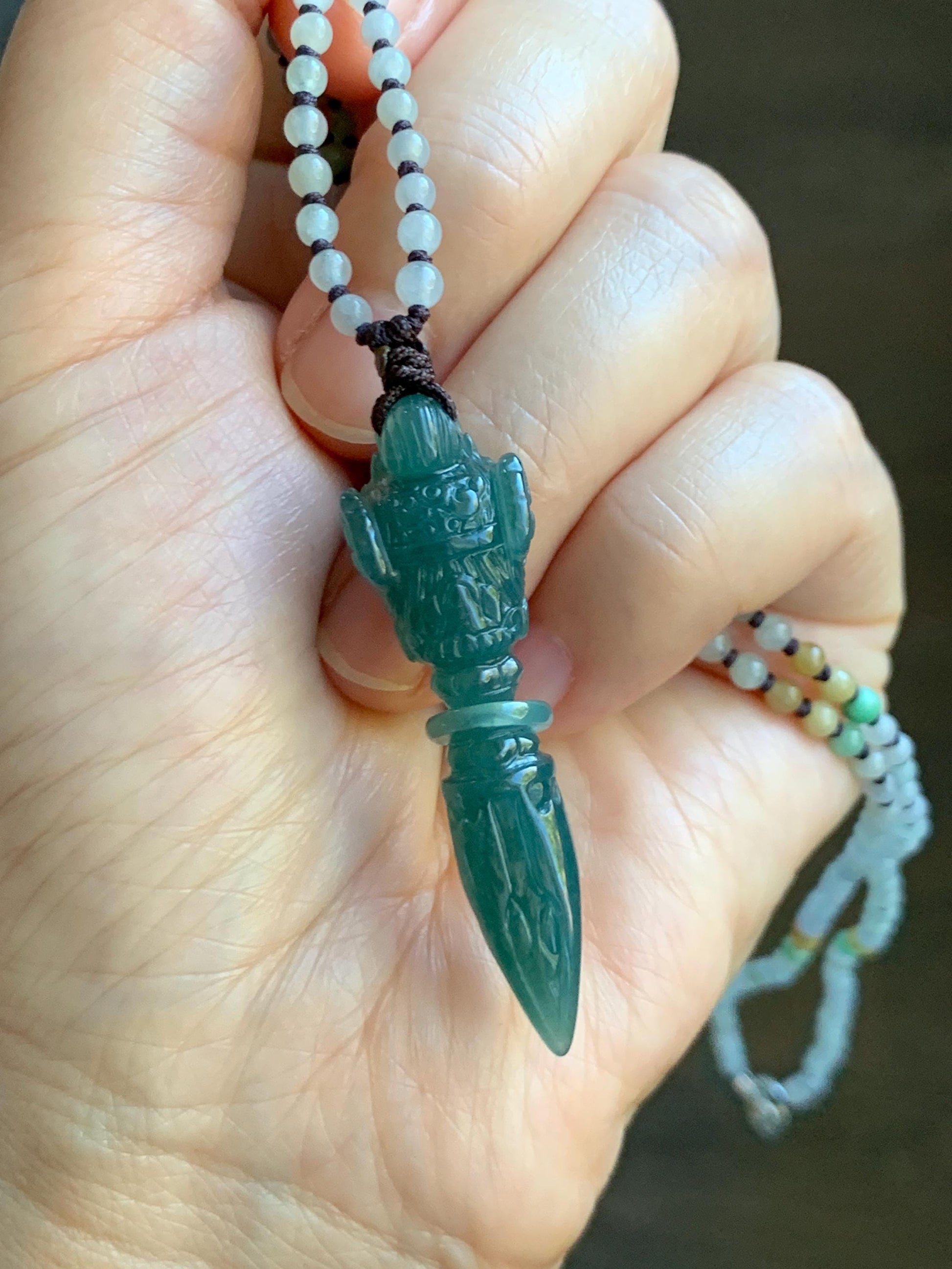 Natural Grade A Guatemalan Icy Translucent Dark Teal Blue Jade Jadeite Carved Vajra Pendant Beaded Necklace 21” 天然冰危蓝绿翡翠降魔杵吊坠珠链项链 XMC354B