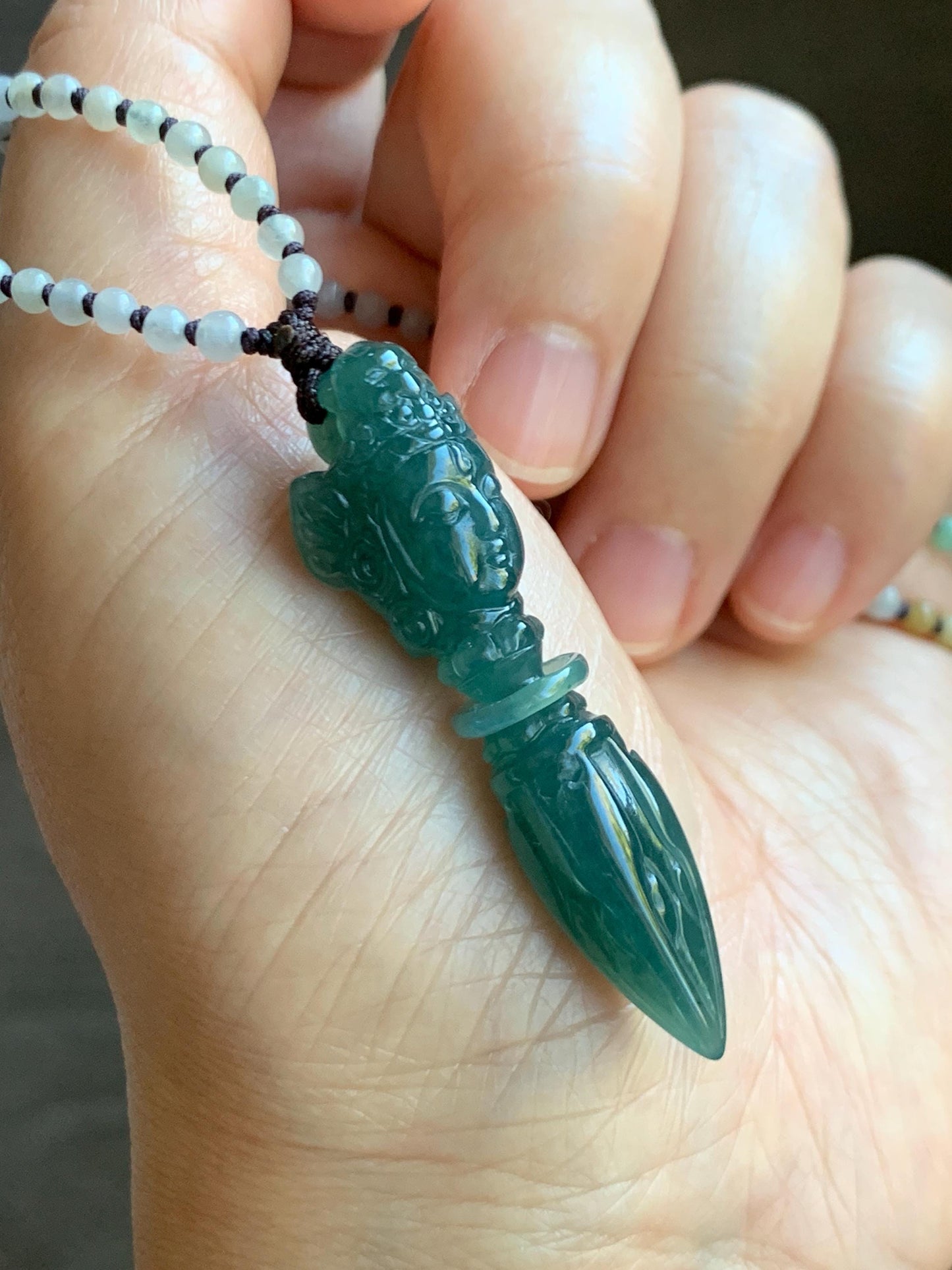 Natural Grade A Guatemalan Icy Translucent Dark Teal Blue Jade Jadeite Carved Vajra Pendant Beaded Necklace 21” 天然冰危蓝绿翡翠降魔杵吊坠珠链项链 XMC354B