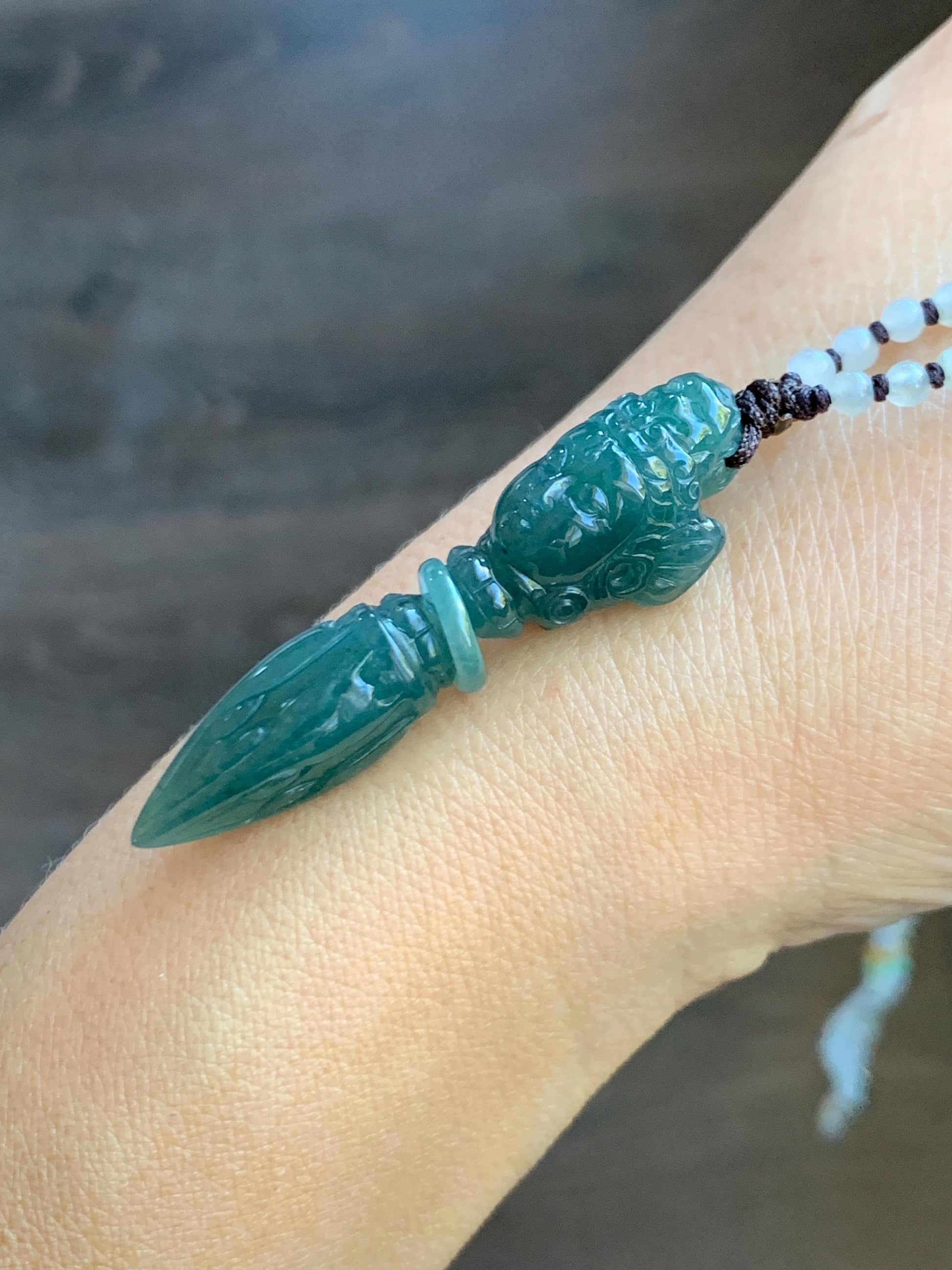 Natural Grade A Guatemalan Icy Translucent Dark Teal Blue Jade Jadeite Carved Vajra Pendant Beaded Necklace 21” 天然冰危蓝绿翡翠降魔杵吊坠珠链项链 XMC354B