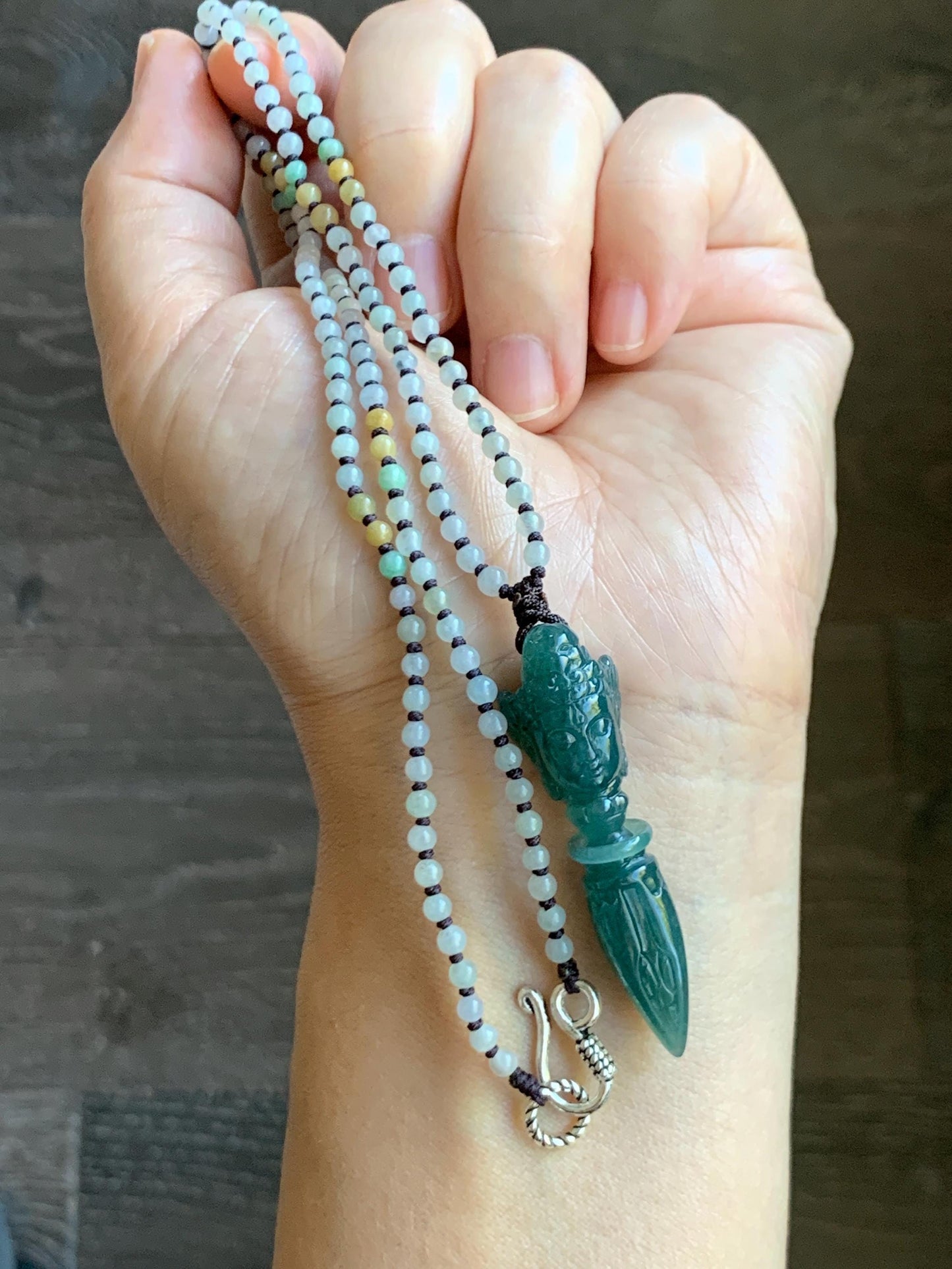 Natural Grade A Guatemalan Icy Translucent Dark Teal Blue Jade Jadeite Carved Vajra Pendant Beaded Necklace 21” 天然冰危蓝绿翡翠降魔杵吊坠珠链项链 XMC354B