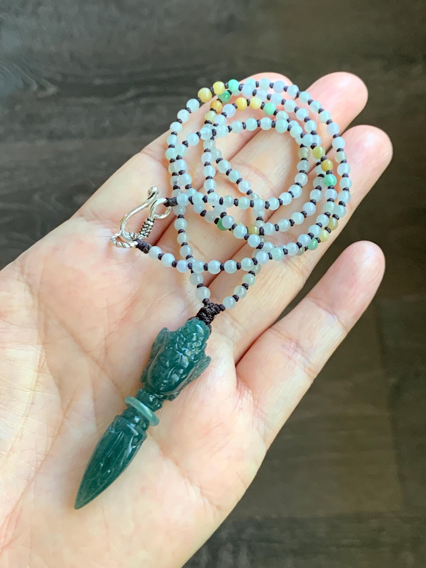 Natural Grade A Guatemalan Icy Translucent Dark Teal Blue Jade Jadeite Carved Vajra Pendant Beaded Necklace 21” 天然冰危蓝绿翡翠降魔杵吊坠珠链项链 XMC354B