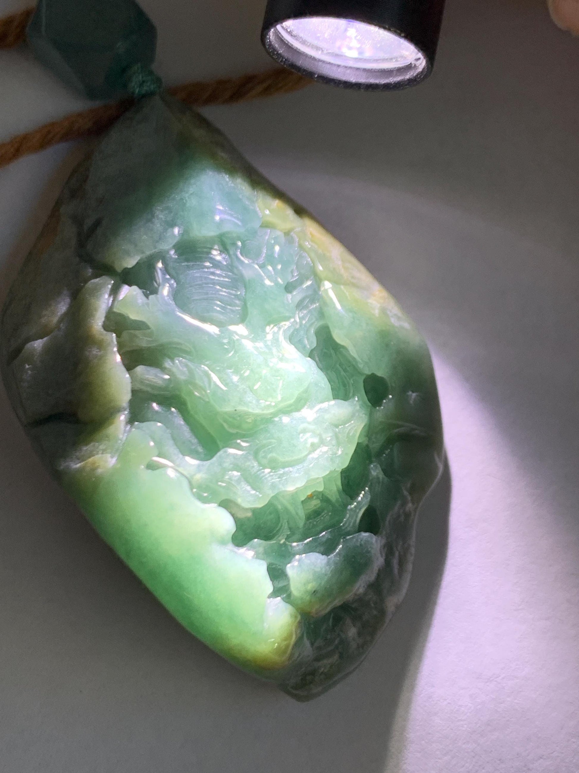 Natural Grade A Guatemalan Icy Dark Dusty Blue Jade Jadeite with Rind Carved Dragon Pendant Rope Necklace 26.5" 52g 天然危蓝翡翠龙破石皮壳料吊坠 PGL180L