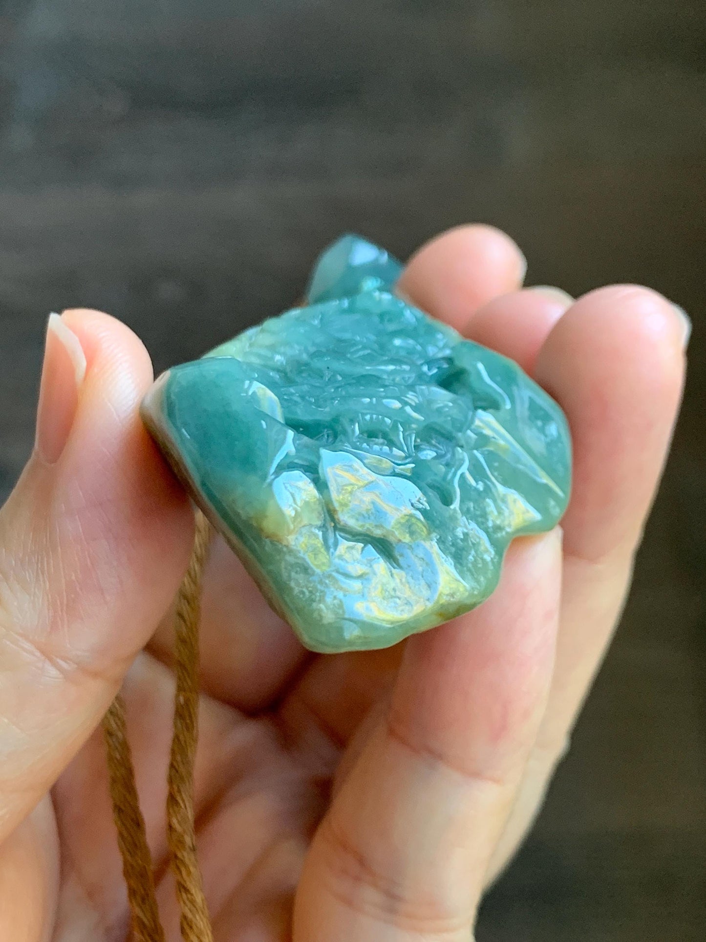Natural Grade A Guatemalan Icy Dark Dusty Blue Jade Jadeite with Rind Carved Dragon Pendant Rope Necklace 26.5" 52g 天然危蓝翡翠龙破石皮壳料吊坠 PGL180L