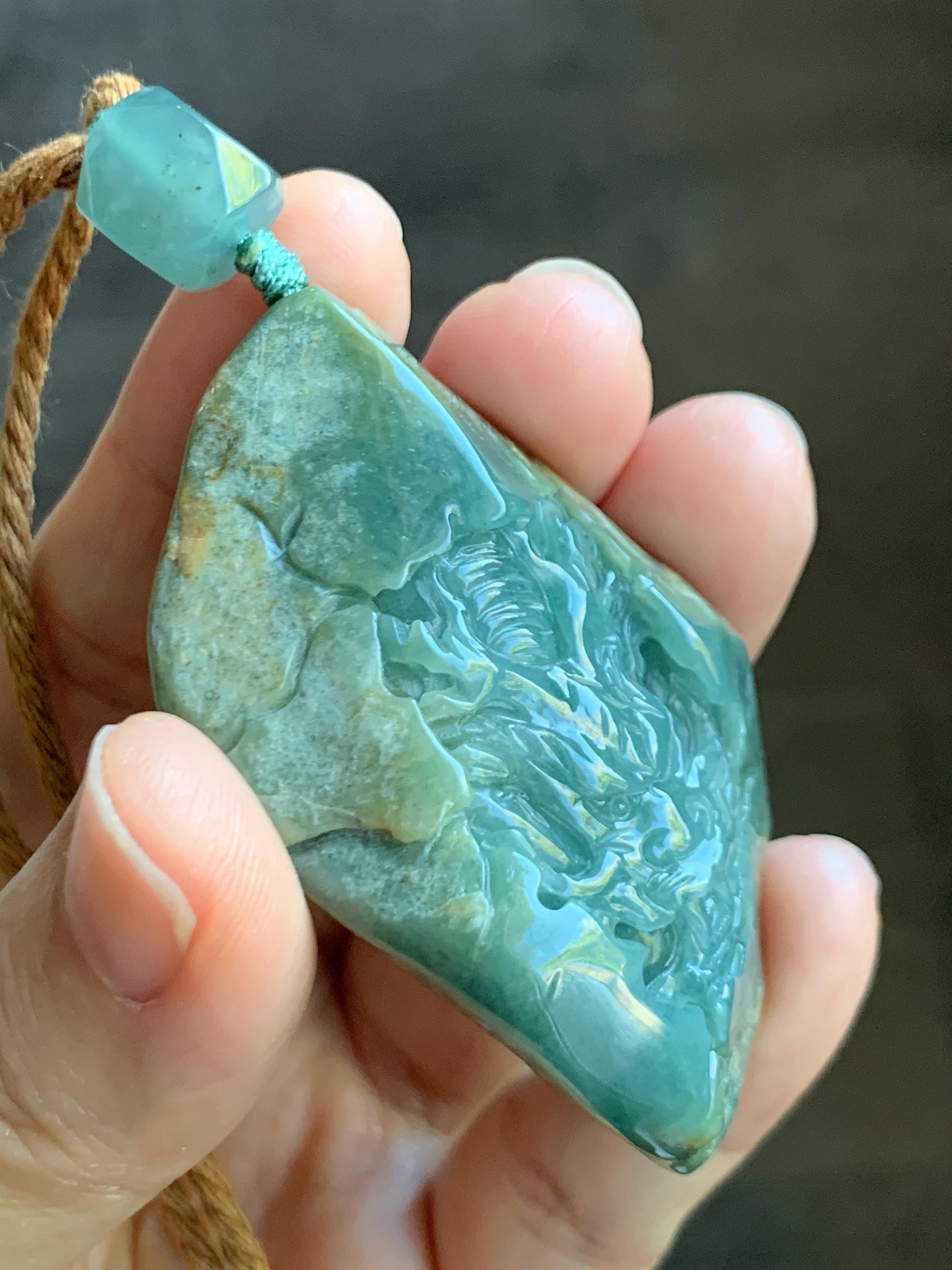 Natural Grade A Guatemalan Icy Dark Dusty Blue Jade Jadeite with Rind Carved Dragon Pendant Rope Necklace 26.5" 52g 天然危蓝翡翠龙破石皮壳料吊坠 PGL180L