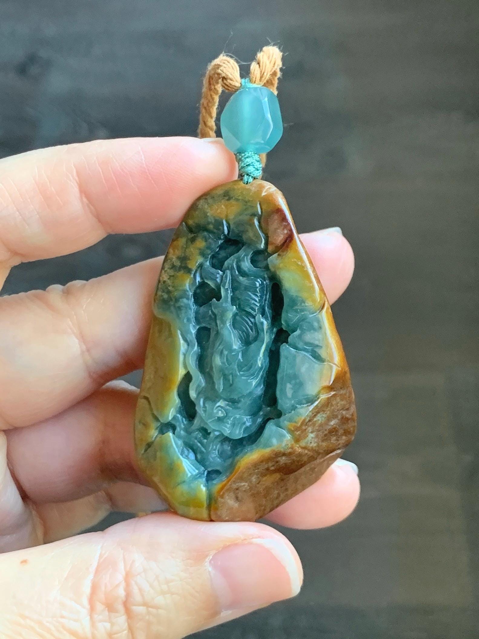 Natural Grade A Guatemalan Icy Dark Teal Blue Jade Jadeite with Brown Rind Carved Dragon Pendant Rope Necklace 26.5" 天然危蓝翡翠龙破石皮壳料吊坠PGL180H