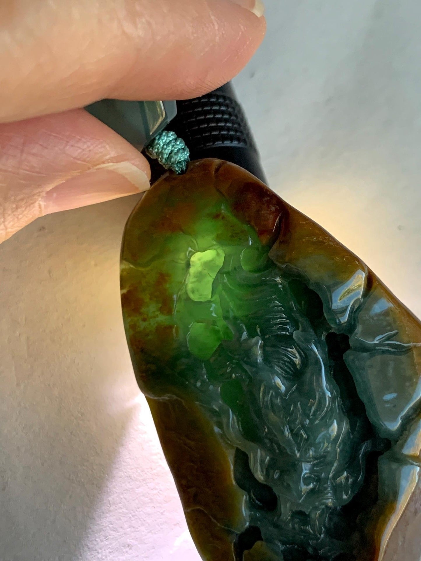 Natural Grade A Guatemalan Icy Dark Teal Blue Jade Jadeite with Brown Rind Carved Dragon Pendant Rope Necklace 26.5" 天然危蓝翡翠龙破石皮壳料吊坠PGL180H