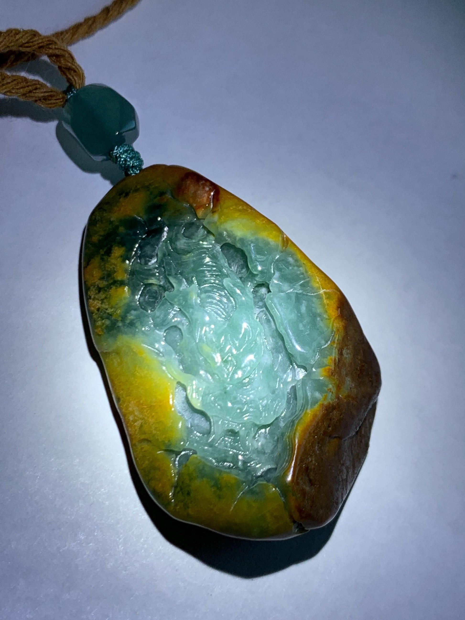 Natural Grade A Guatemalan Icy Dark Teal Blue Jade Jadeite with Brown Rind Carved Dragon Pendant Rope Necklace 26.5" 天然危蓝翡翠龙破石皮壳料吊坠PGL180H
