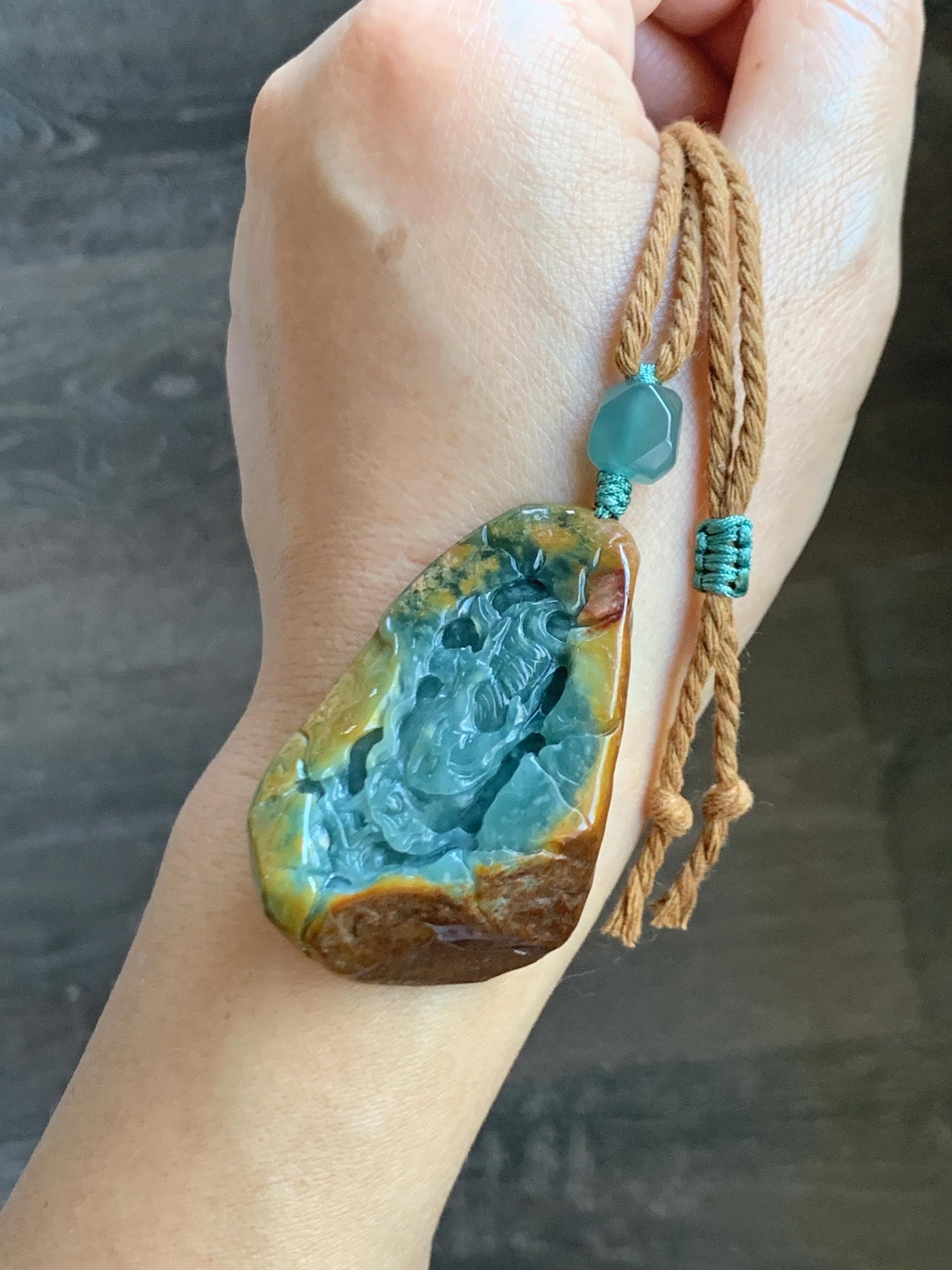 Natural Grade A Guatemalan Icy Dark Teal Blue Jade Jadeite with Brown Rind Carved Dragon Pendant Rope Necklace 26.5" 天然危蓝翡翠龙破石皮壳料吊坠PGL180H
