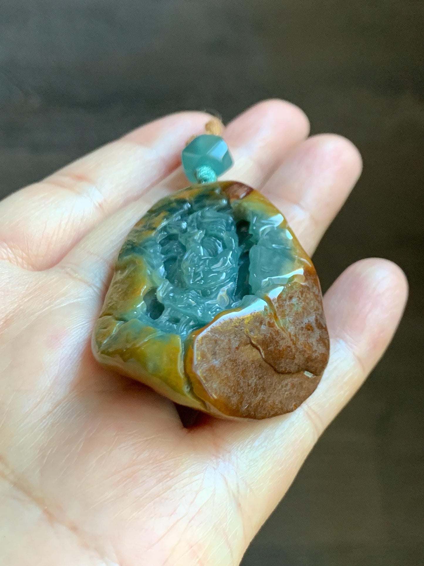 Natural Grade A Guatemalan Icy Dark Teal Blue Jade Jadeite with Brown Rind Carved Dragon Pendant Rope Necklace 26.5" 天然危蓝翡翠龙破石皮壳料吊坠PGL180H