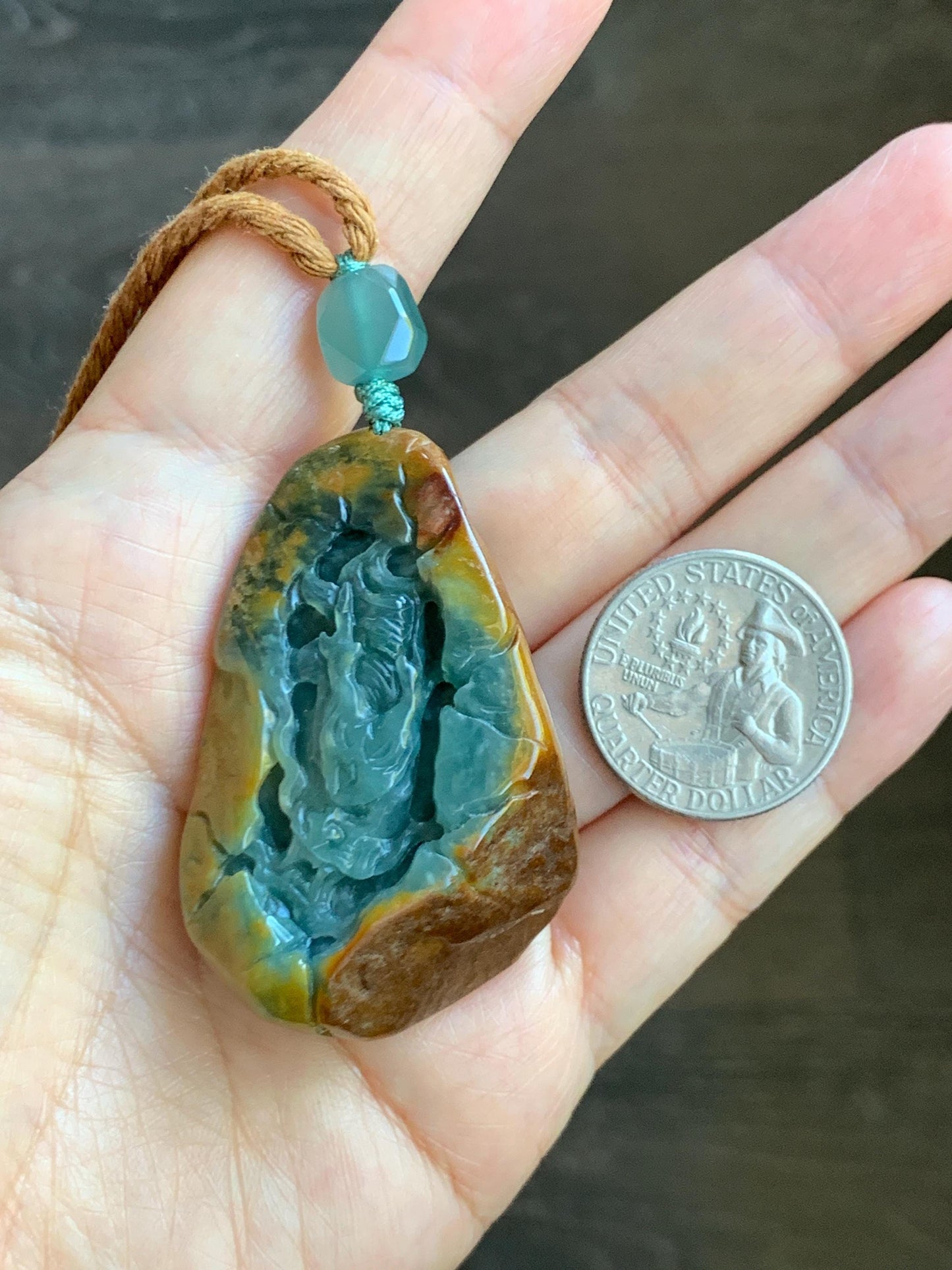 Natural Grade A Guatemalan Icy Dark Teal Blue Jade Jadeite with Brown Rind Carved Dragon Pendant Rope Necklace 26.5" 天然危蓝翡翠龙破石皮壳料吊坠PGL180H