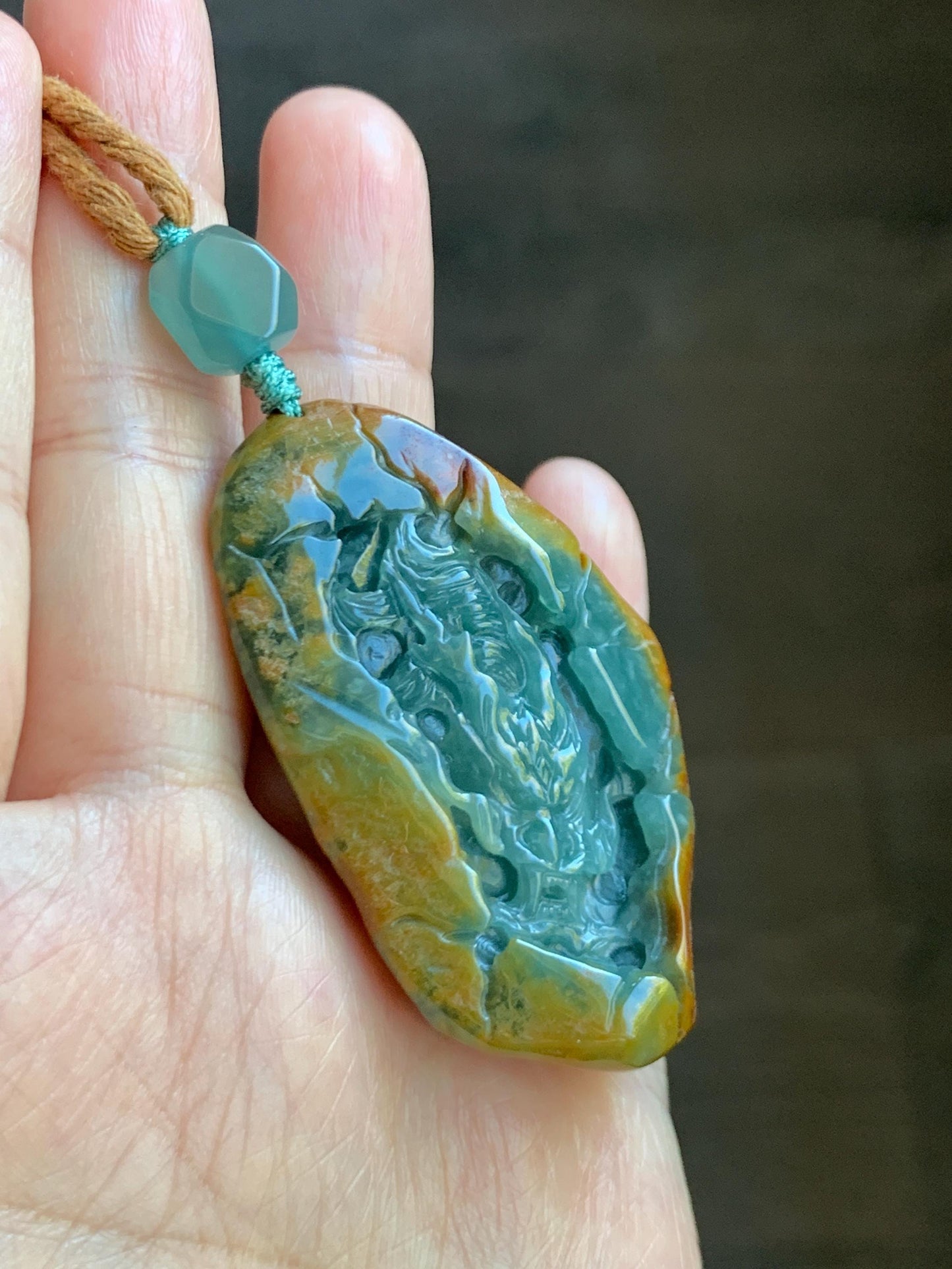Natural Grade A Guatemalan Icy Dark Teal Blue Jade Jadeite with Brown Rind Carved Dragon Pendant Rope Necklace 26.5" 天然危蓝翡翠龙破石皮壳料吊坠PGL180H