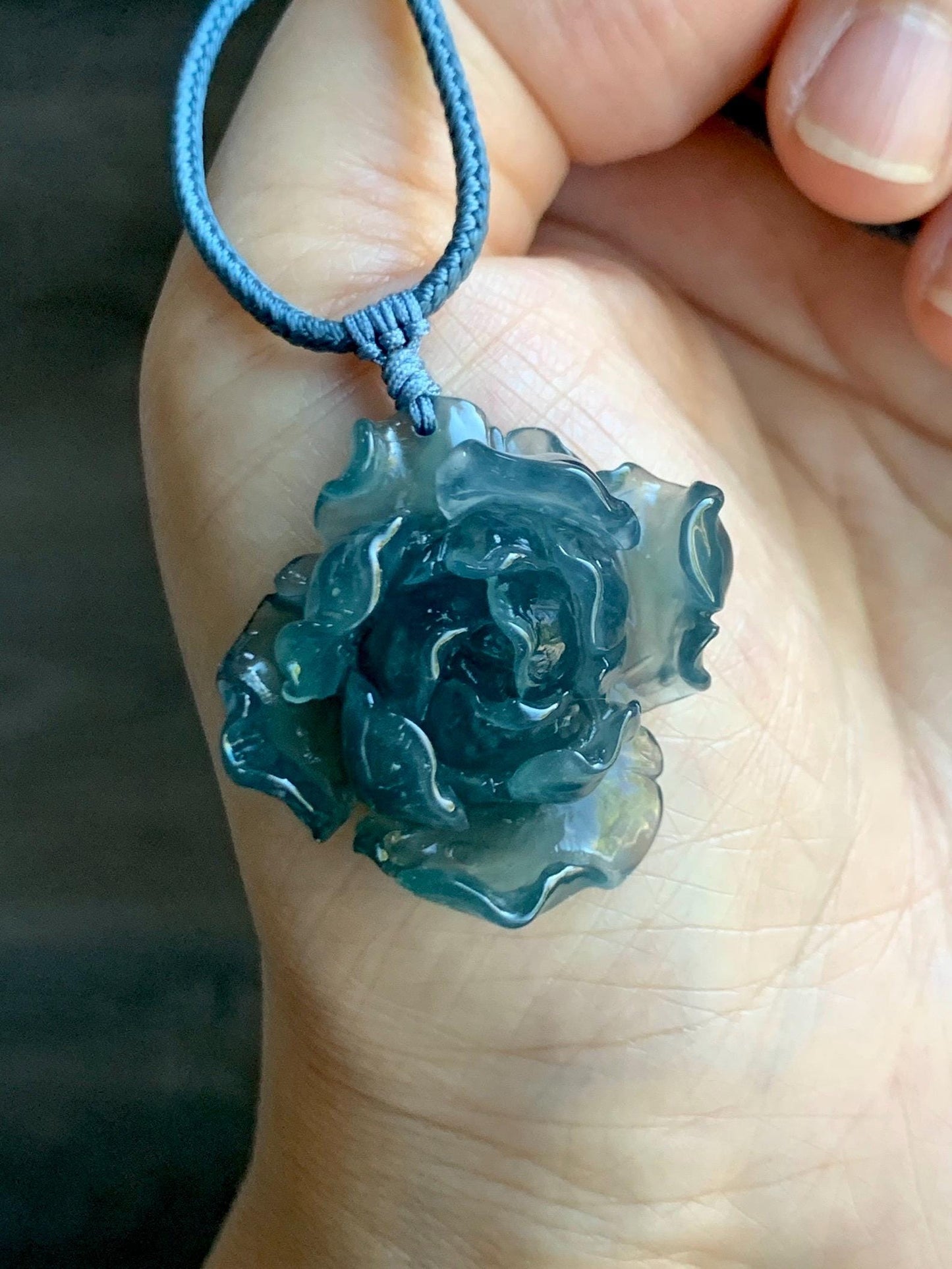 Natural Grade A Guatemalan Icy Highly Translucent Dark Aegean Blue Jade Jadeite Peony Flower Pendant Rope Necklace 25” 天然冰危深蓝翡翠牡丹花吊坠挂件NZL271