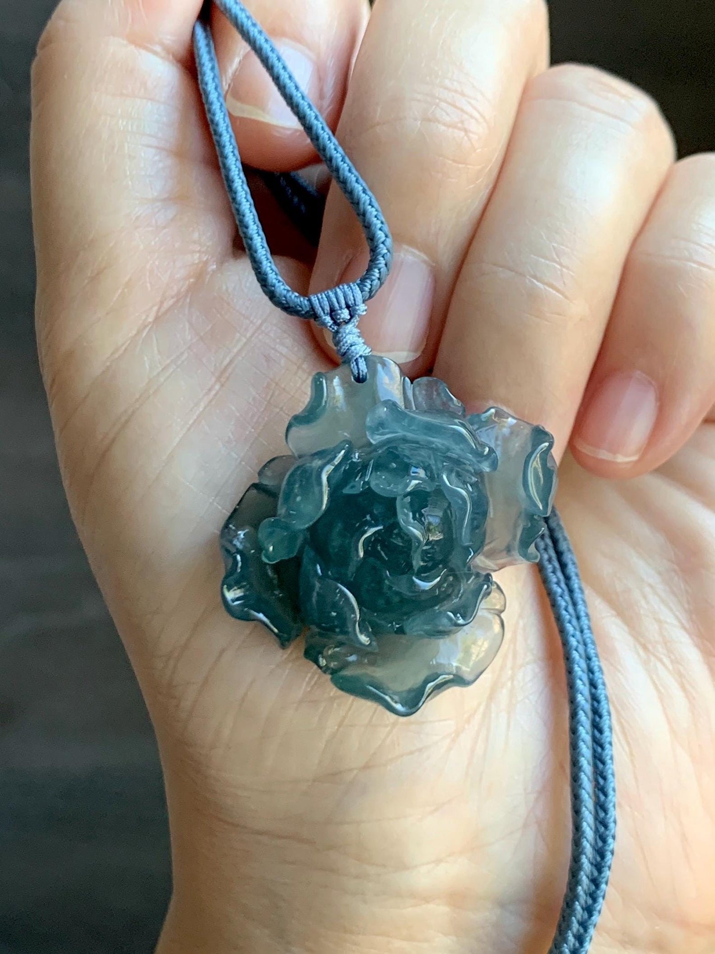 Natural Grade A Guatemalan Icy Highly Translucent Dark Aegean Blue Jade Jadeite Peony Flower Pendant Rope Necklace 25” 天然冰危深蓝翡翠牡丹花吊坠挂件NZL271