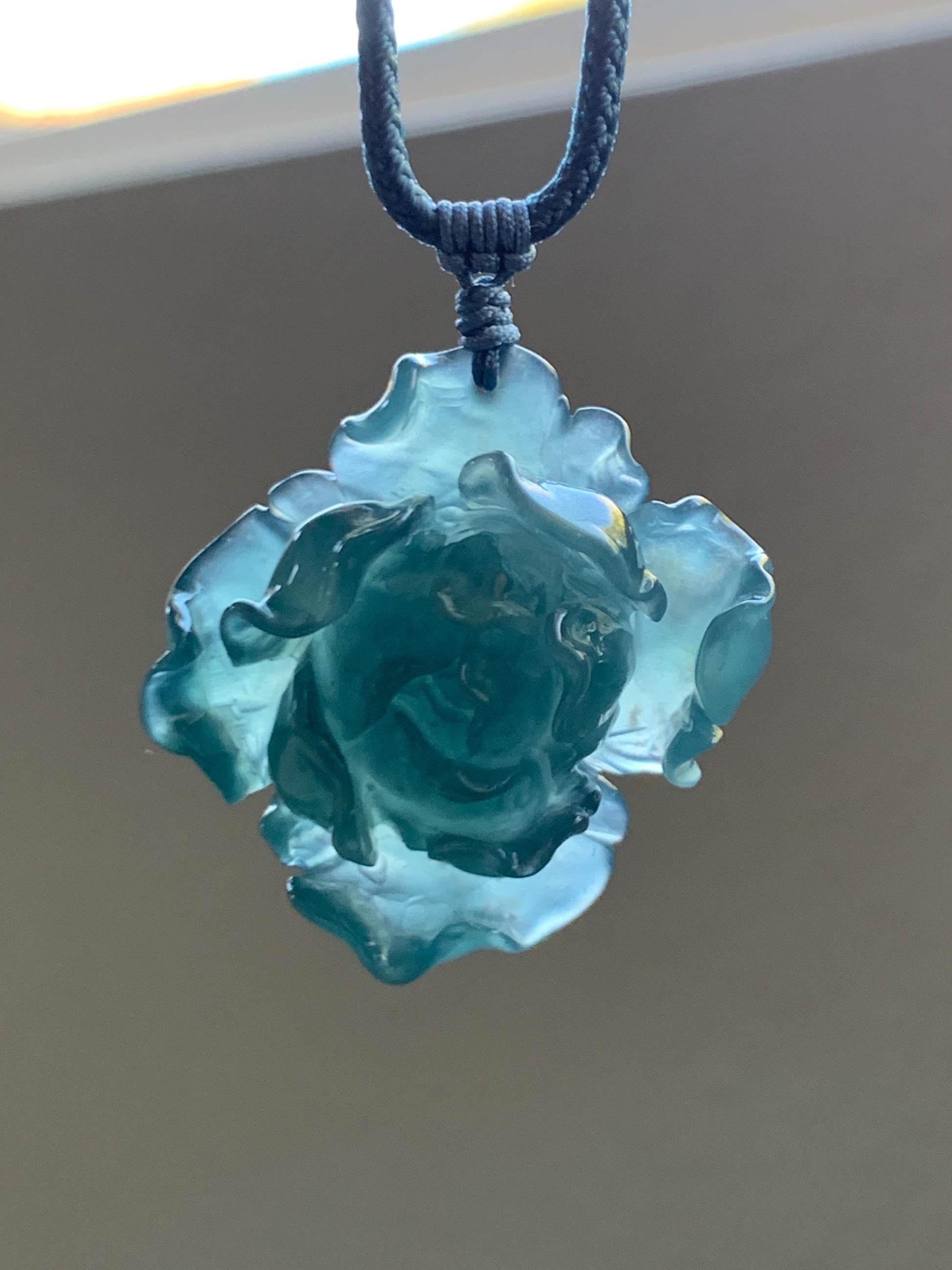 Natural Grade A Guatemalan Icy Highly Translucent Dark Aegean Blue Jade Jadeite Peony Flower Pendant Rope Necklace 25” 天然冰危深蓝翡翠牡丹花吊坠挂件NZL271
