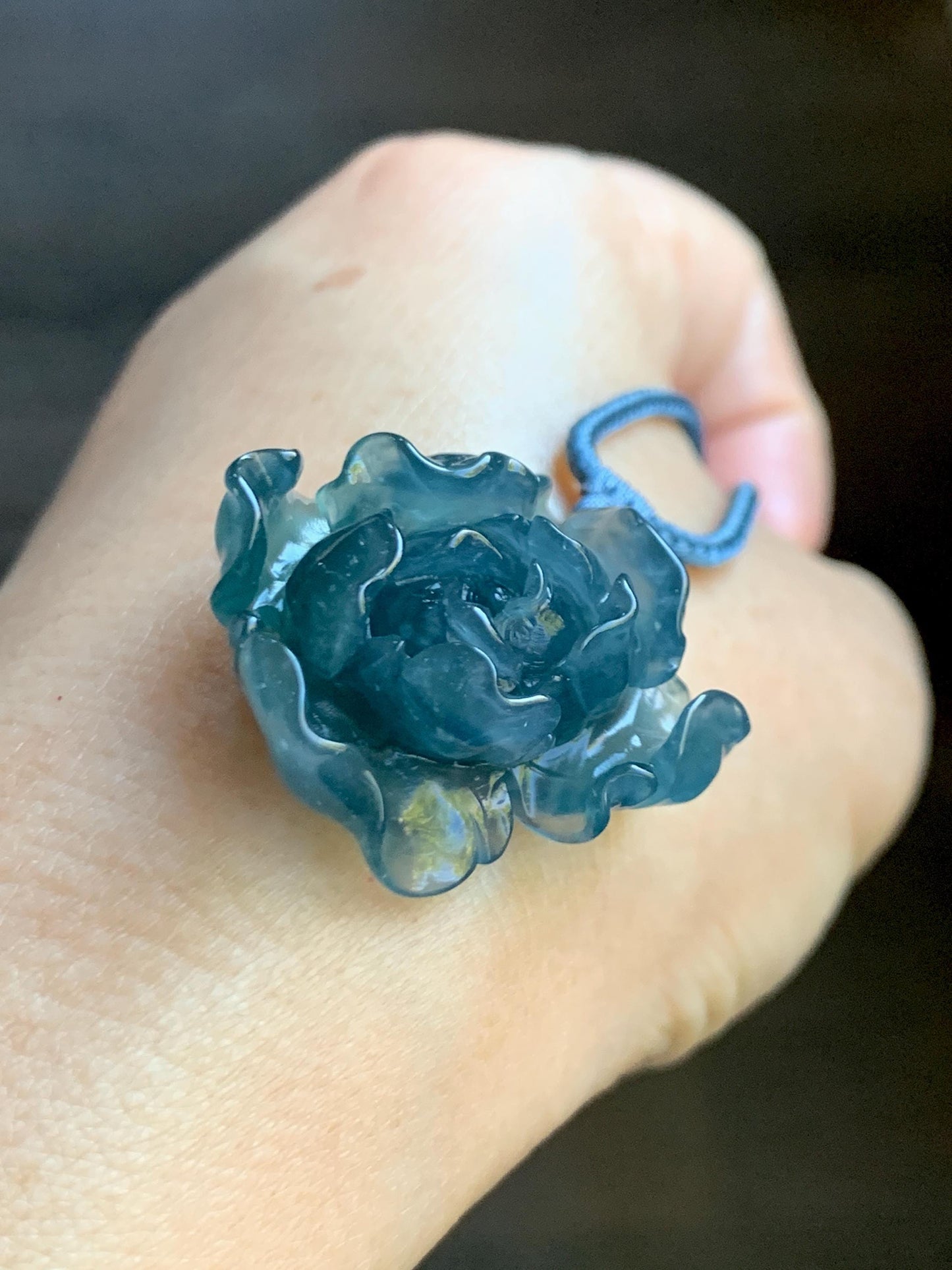 Natural Grade A Guatemalan Icy Highly Translucent Dark Aegean Blue Jade Jadeite Peony Flower Pendant Rope Necklace 25” 天然冰危深蓝翡翠牡丹花吊坠挂件NZL271