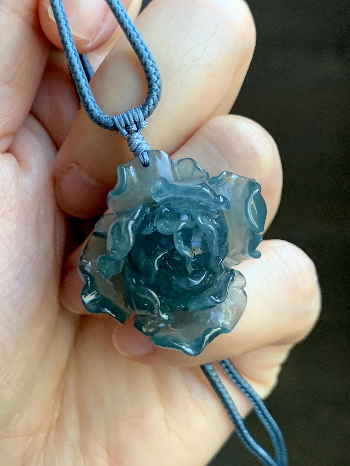 Natural Grade A Guatemalan Icy Highly Translucent Dark Aegean Blue Jade Jadeite Peony Flower Pendant Rope Necklace 25” 天然冰危深蓝翡翠牡丹花吊坠挂件NZL271