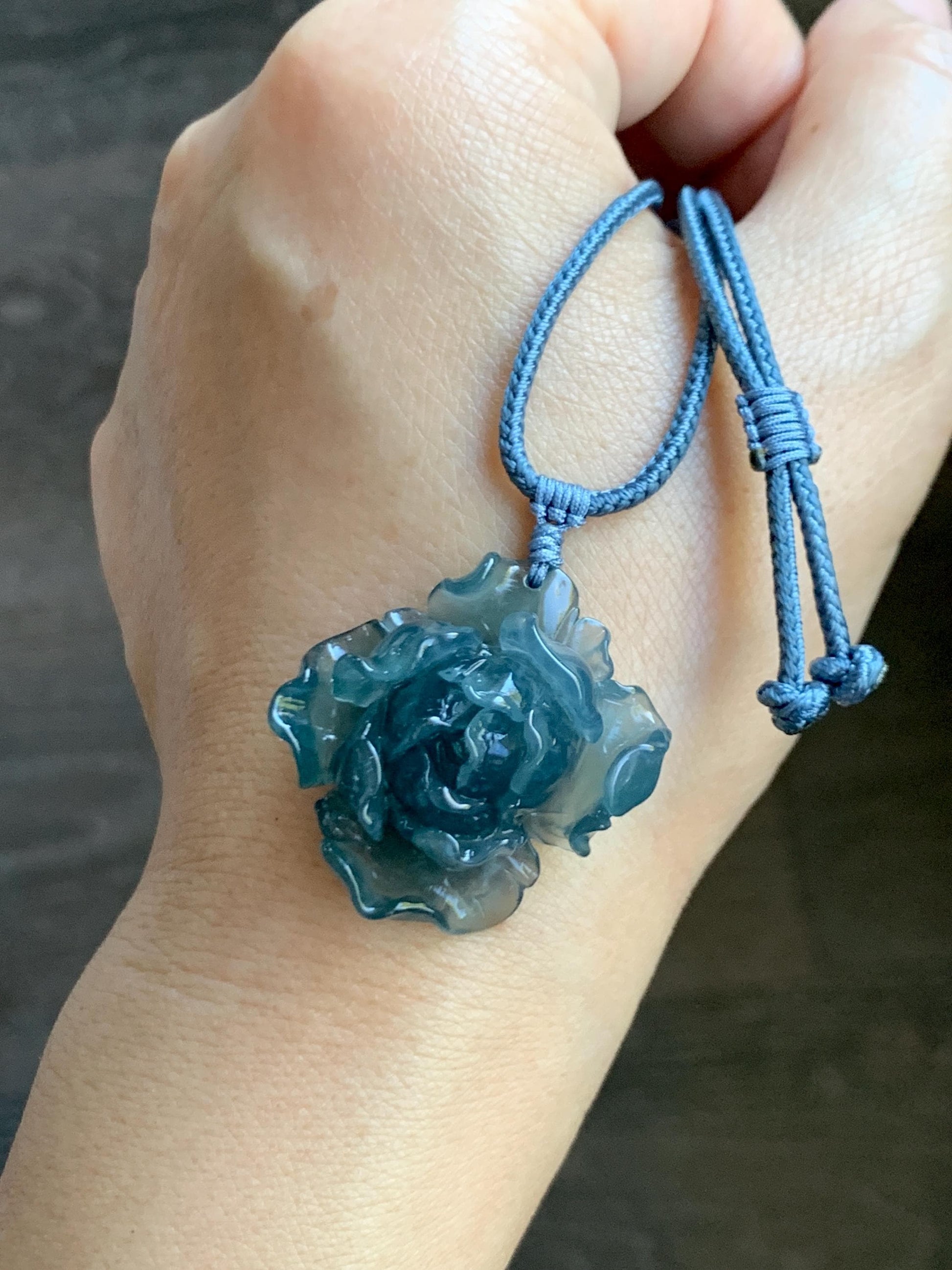 Natural Grade A Guatemalan Icy Highly Translucent Dark Aegean Blue Jade Jadeite Peony Flower Pendant Rope Necklace 25” 天然冰危深蓝翡翠牡丹花吊坠挂件NZL271