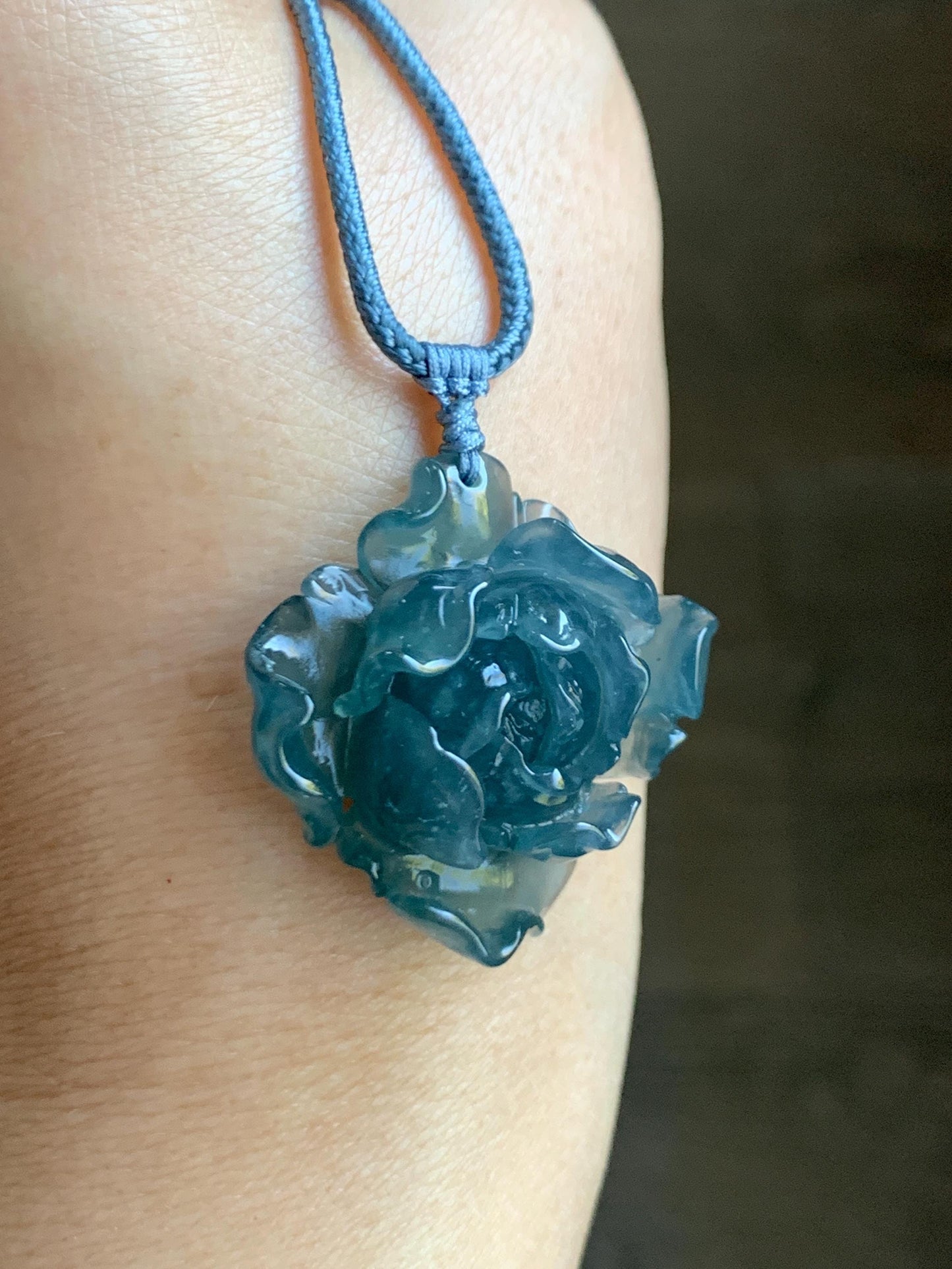 Natural Grade A Guatemalan Icy Highly Translucent Dark Aegean Blue Jade Jadeite Peony Flower Pendant Rope Necklace 25” 天然冰危深蓝翡翠牡丹花吊坠挂件NZL271