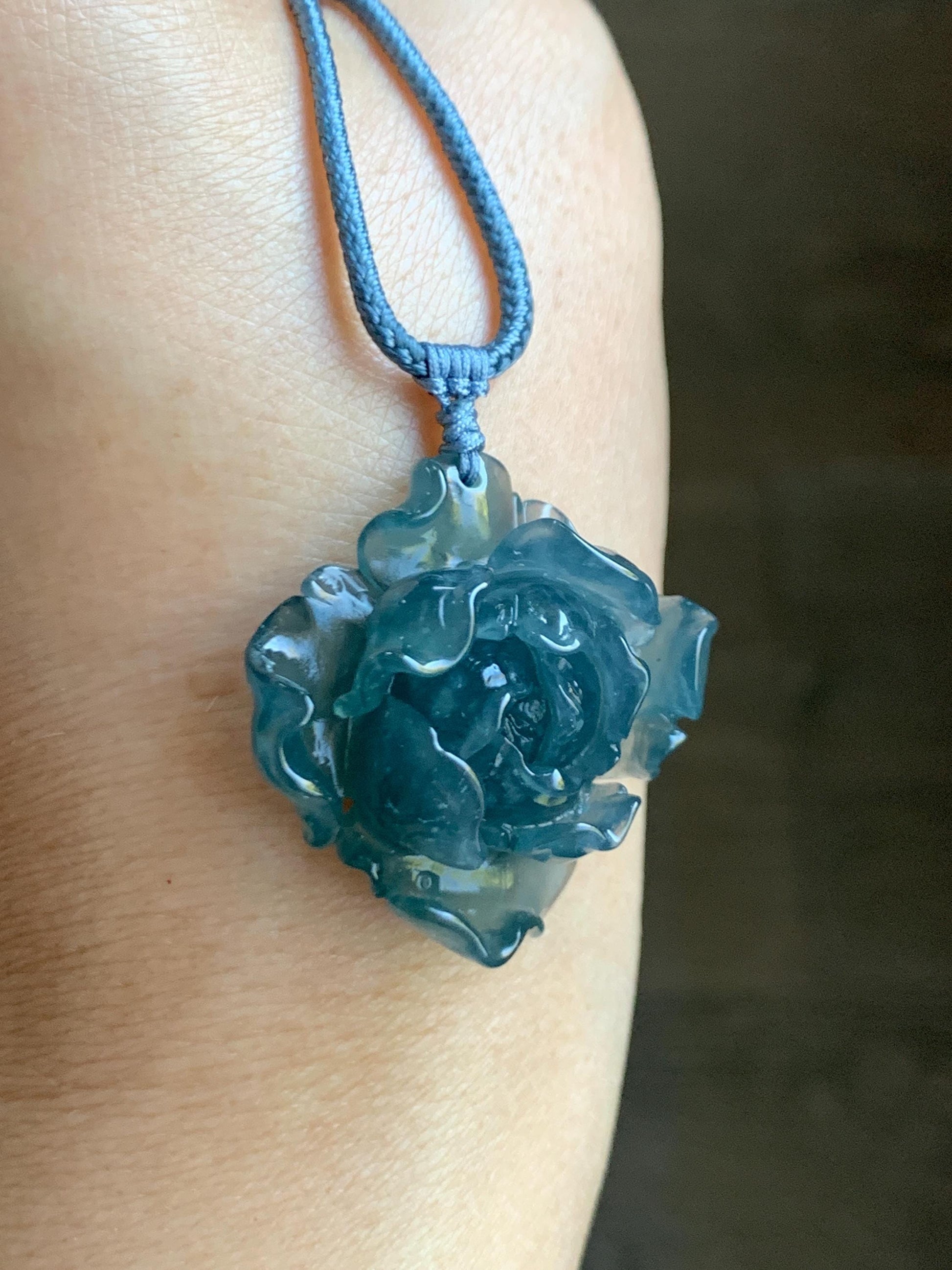 Natural Grade A Guatemalan Icy Highly Translucent Dark Aegean Blue Jade Jadeite Peony Flower Pendant Rope Necklace 25” 天然冰危深蓝翡翠牡丹花吊坠挂件NZL271