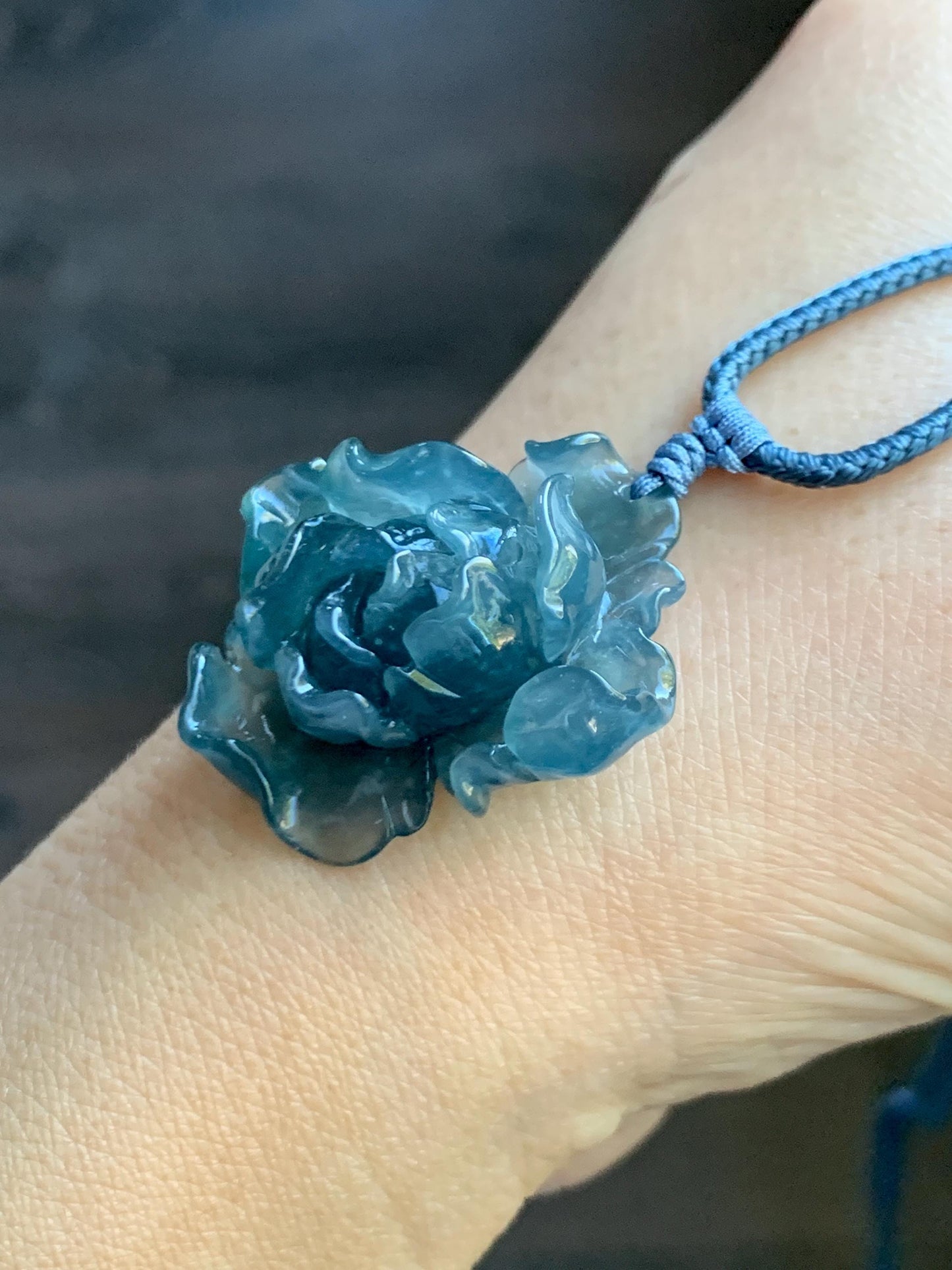 Natural Grade A Guatemalan Icy Highly Translucent Dark Aegean Blue Jade Jadeite Peony Flower Pendant Rope Necklace 25” 天然冰危深蓝翡翠牡丹花吊坠挂件NZL271