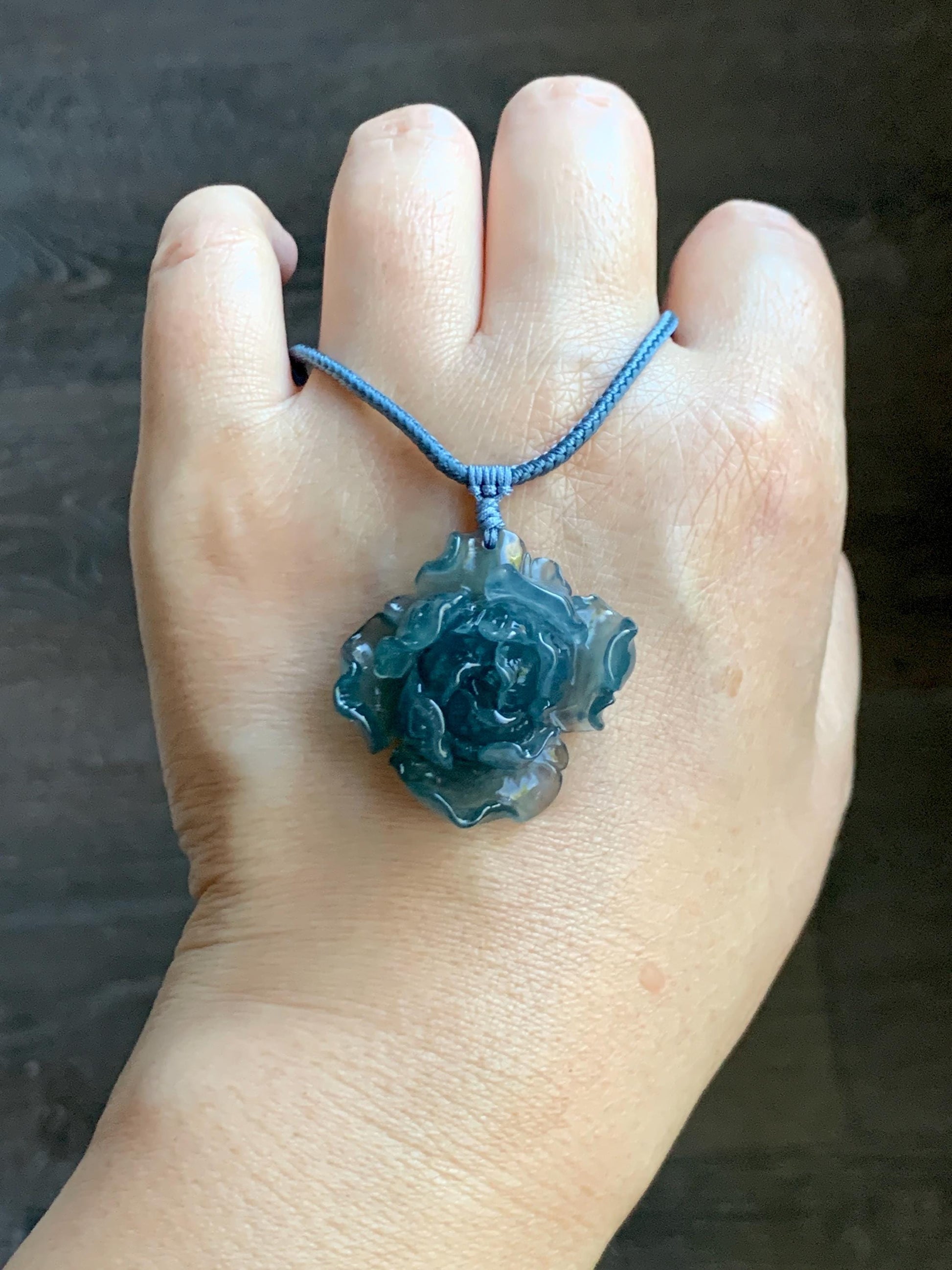 Natural Grade A Guatemalan Icy Highly Translucent Dark Aegean Blue Jade Jadeite Peony Flower Pendant Rope Necklace 25” 天然冰危深蓝翡翠牡丹花吊坠挂件NZL271