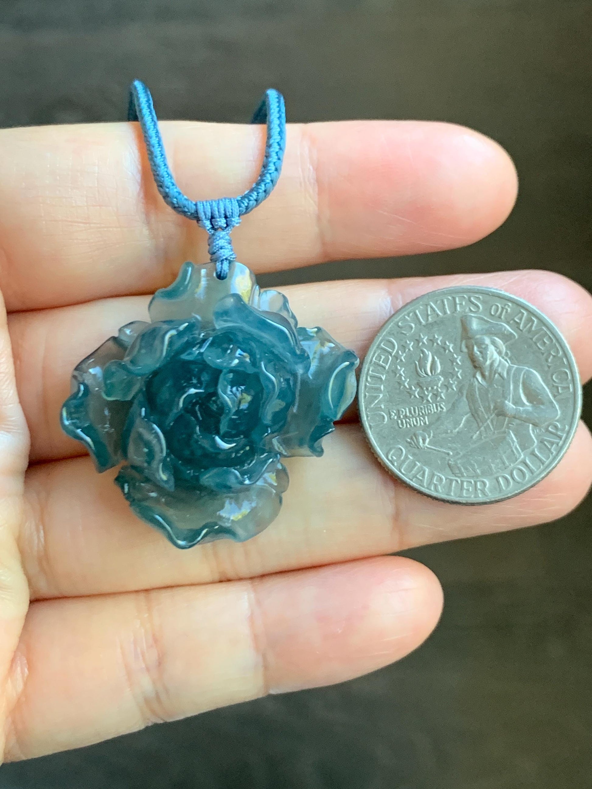 Natural Grade A Guatemalan Icy Highly Translucent Dark Aegean Blue Jade Jadeite Peony Flower Pendant Rope Necklace 25” 天然冰危深蓝翡翠牡丹花吊坠挂件NZL271