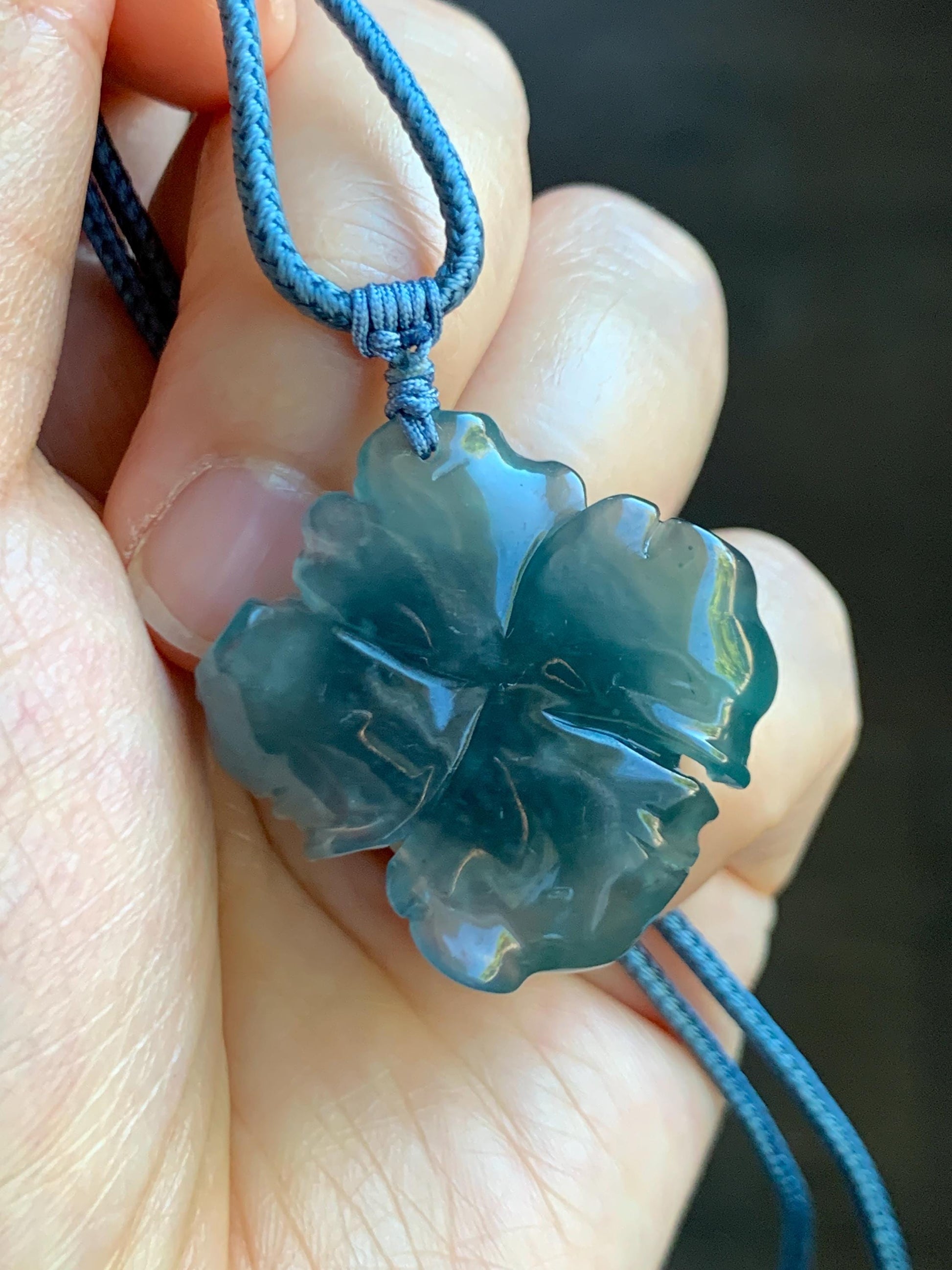 Natural Grade A Guatemalan Icy Highly Translucent Dark Aegean Blue Jade Jadeite Peony Flower Pendant Rope Necklace 25” 天然冰危深蓝翡翠牡丹花吊坠挂件NZL271