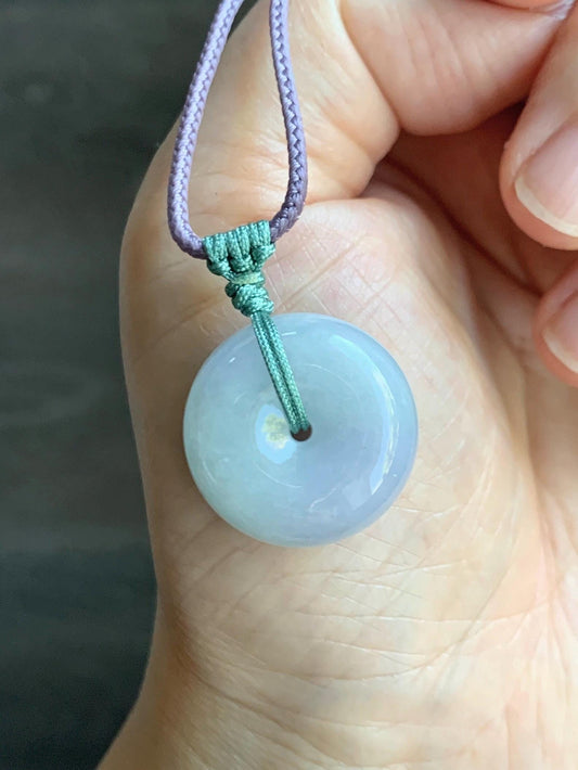 Natural Grade A Icy Translucent Pastel Purple Green Spring Color Jadeite Ping An Kou Donut Pendant Rope Necklace 25” 天然冰淡春彩翡翠平安扣吊坠项链 CHC203A