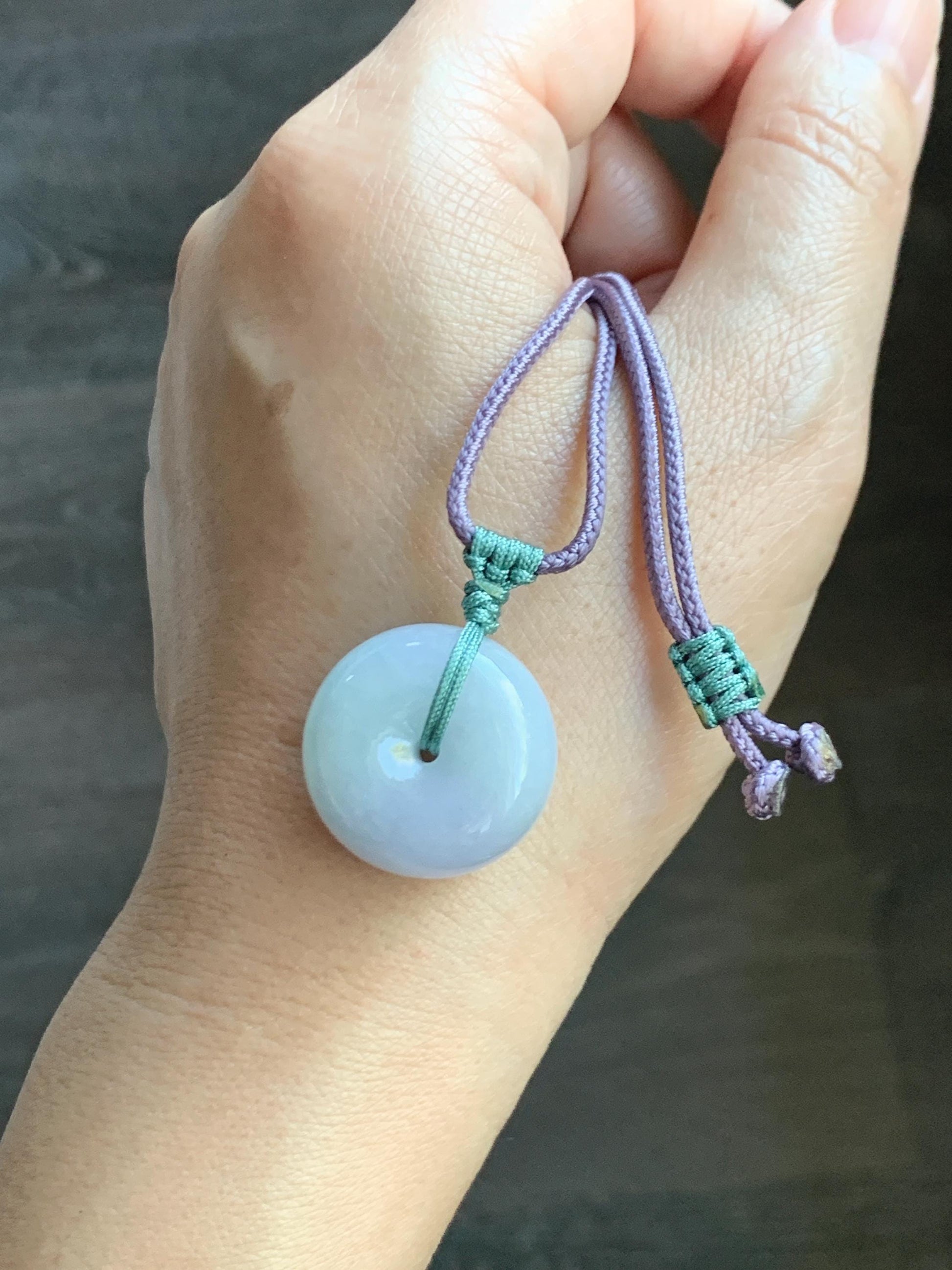 Natural Grade A Icy Translucent Pastel Purple Green Spring Color Jadeite Ping An Kou Donut Pendant Rope Necklace 25” 天然冰淡春彩翡翠平安扣吊坠项链 CHC203A