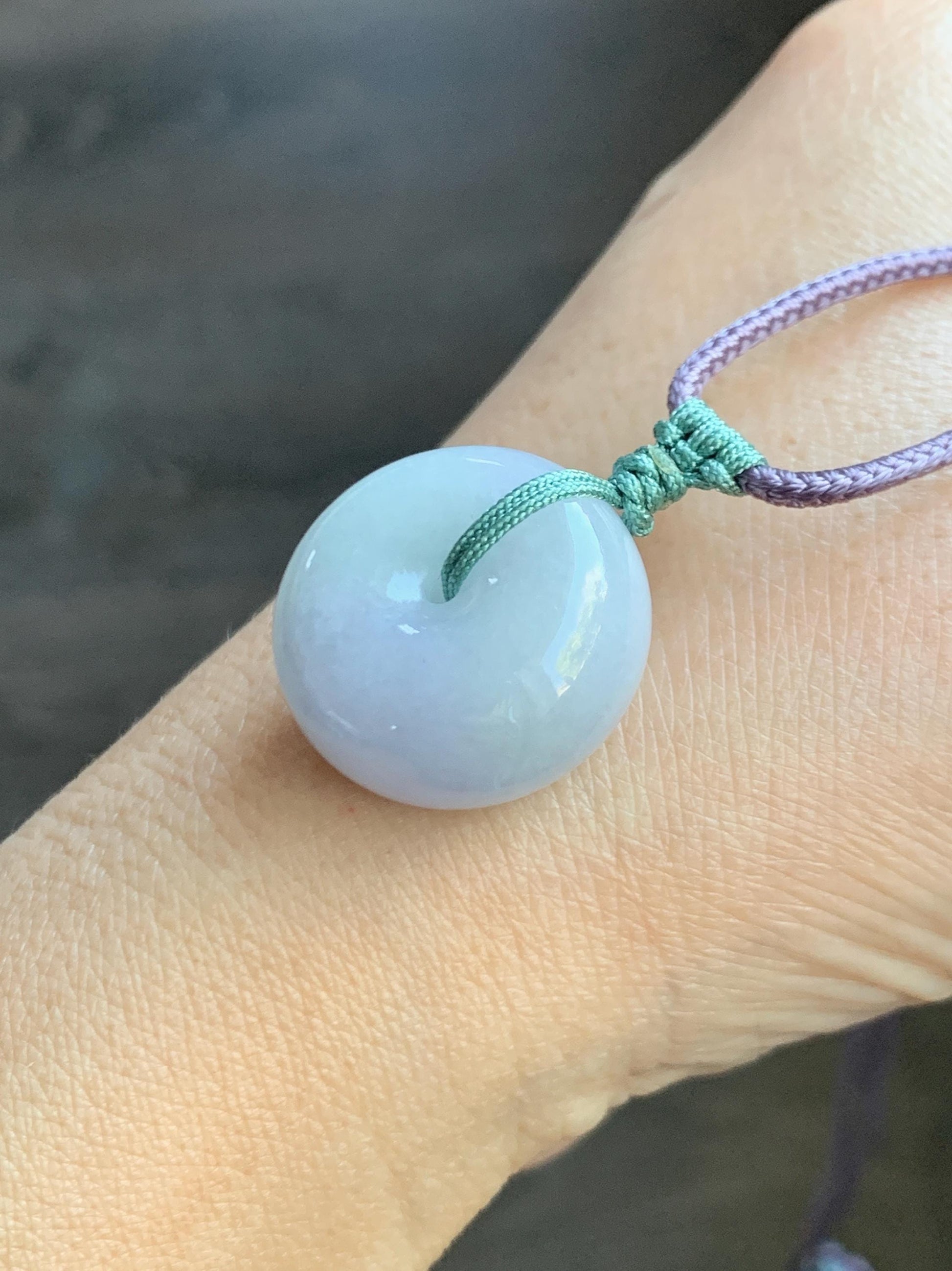 Natural Grade A Icy Translucent Pastel Purple Green Spring Color Jadeite Ping An Kou Donut Pendant Rope Necklace 25” 天然冰淡春彩翡翠平安扣吊坠项链 CHC203A