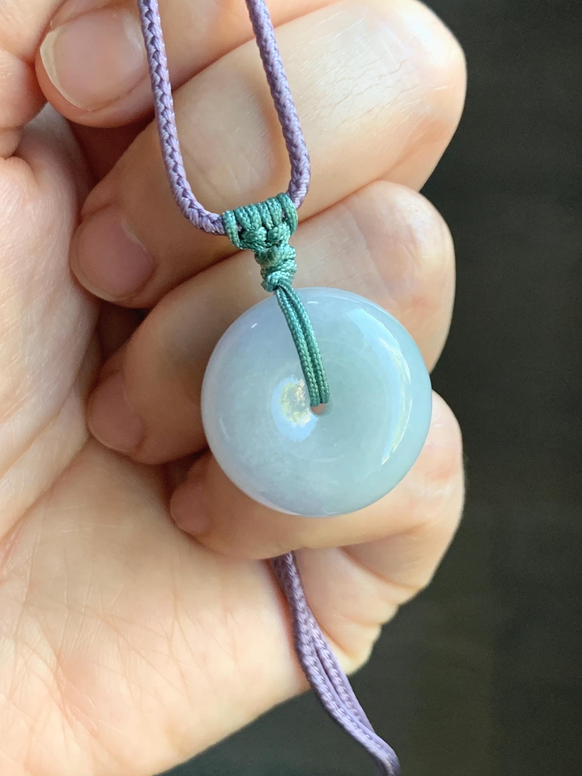 Natural Grade A Icy Translucent Pastel Purple Green Spring Color Jadeite Ping An Kou Donut Pendant Rope Necklace 25” 天然冰淡春彩翡翠平安扣吊坠项链 CHC203A
