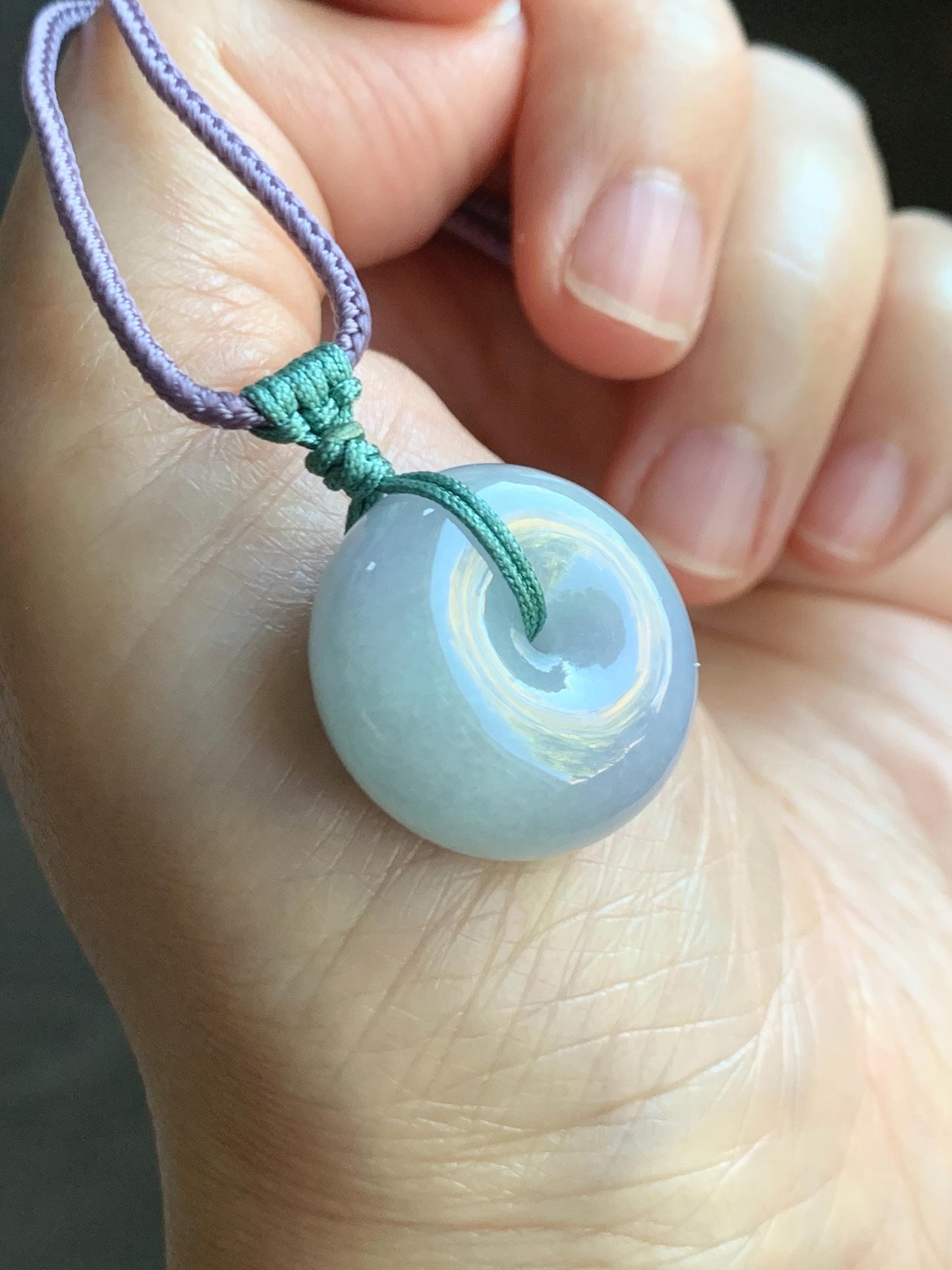 Natural Grade A Icy Translucent Pastel Purple Green Spring Color Jadeite Ping An Kou Donut Pendant Rope Necklace 25” 天然冰淡春彩翡翠平安扣吊坠项链 CHC203A