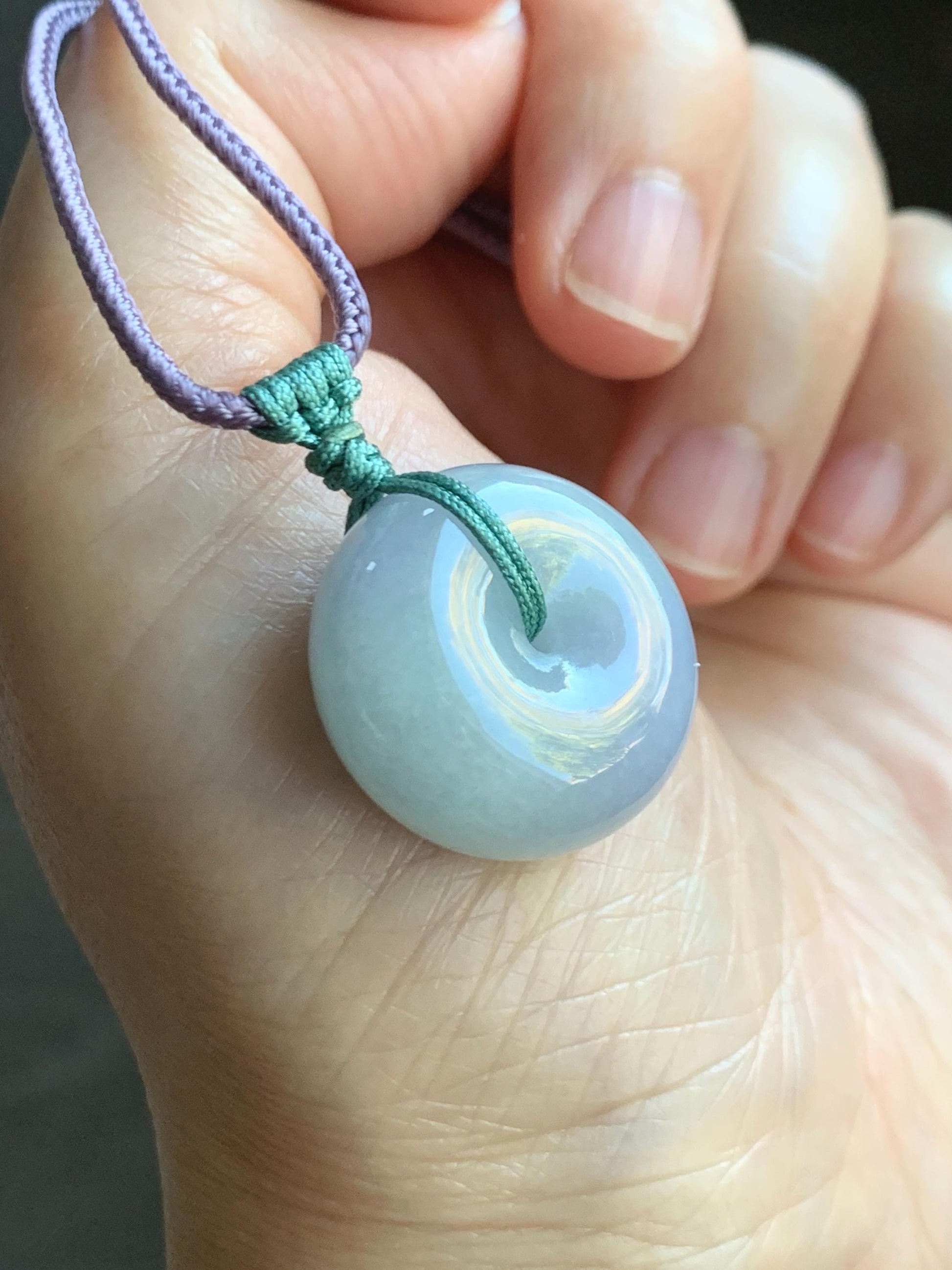 Natural Grade A Icy Translucent Pastel Purple Green Spring Color Jadeite Ping An Kou Donut Pendant Rope Necklace 25” 天然冰淡春彩翡翠平安扣吊坠项链 CHC203A