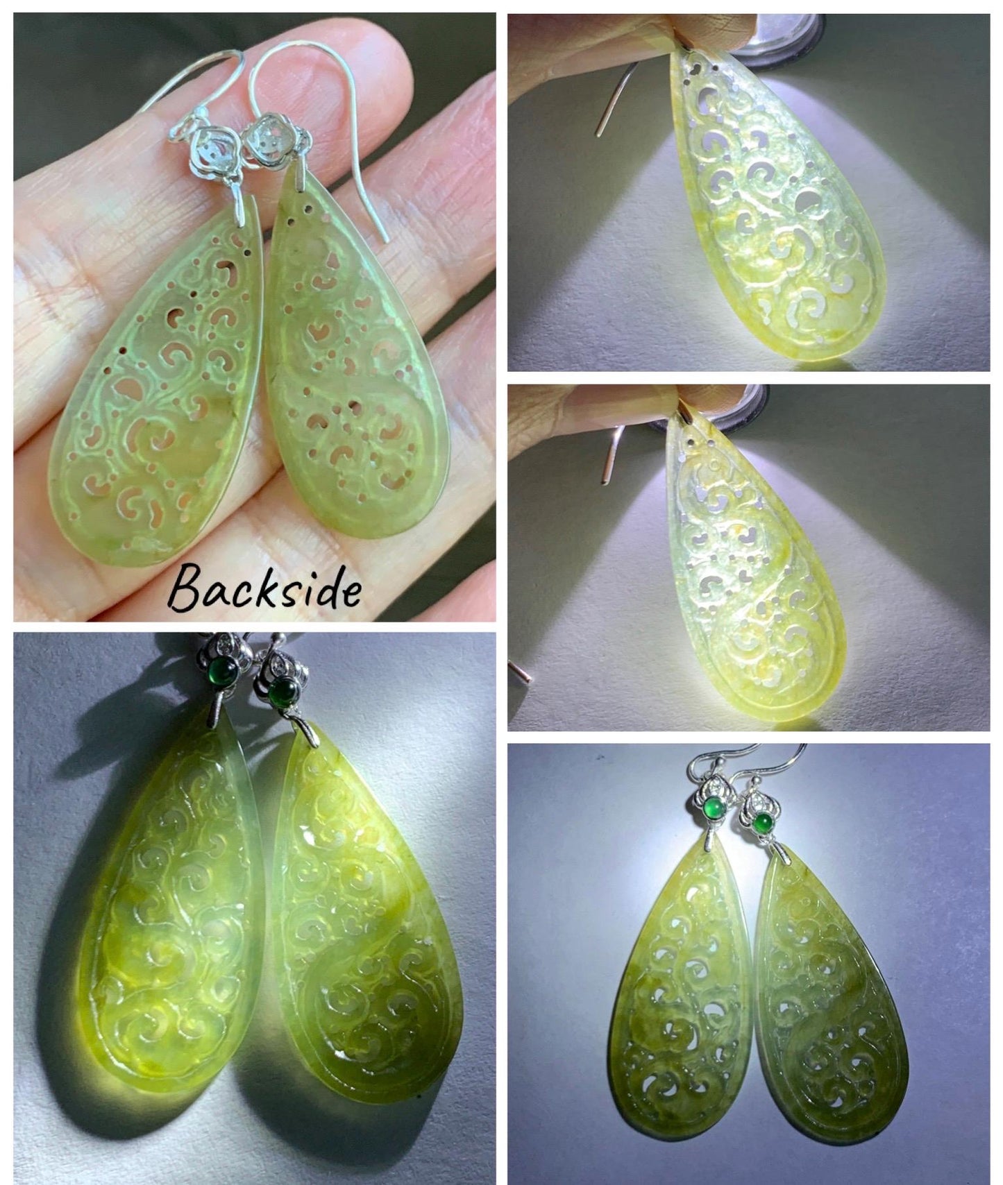 Natural Grade A Icy Highly Translucent Yellow Jade Jadeite Openwork Engraved Teardrop Earrings Sterling Silver 天然冰黄翡翠镂空雕水滴耳钩耳吊 BMH248