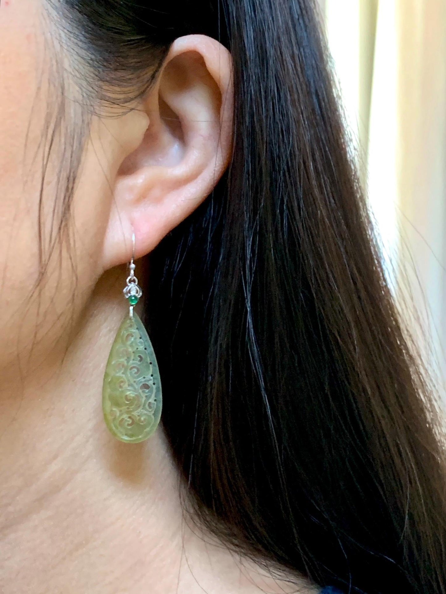 Natural Grade A Icy Highly Translucent Yellow Jade Jadeite Openwork Engraved Teardrop Earrings Sterling Silver 天然冰黄翡翠镂空雕水滴耳钩耳吊 BMH248